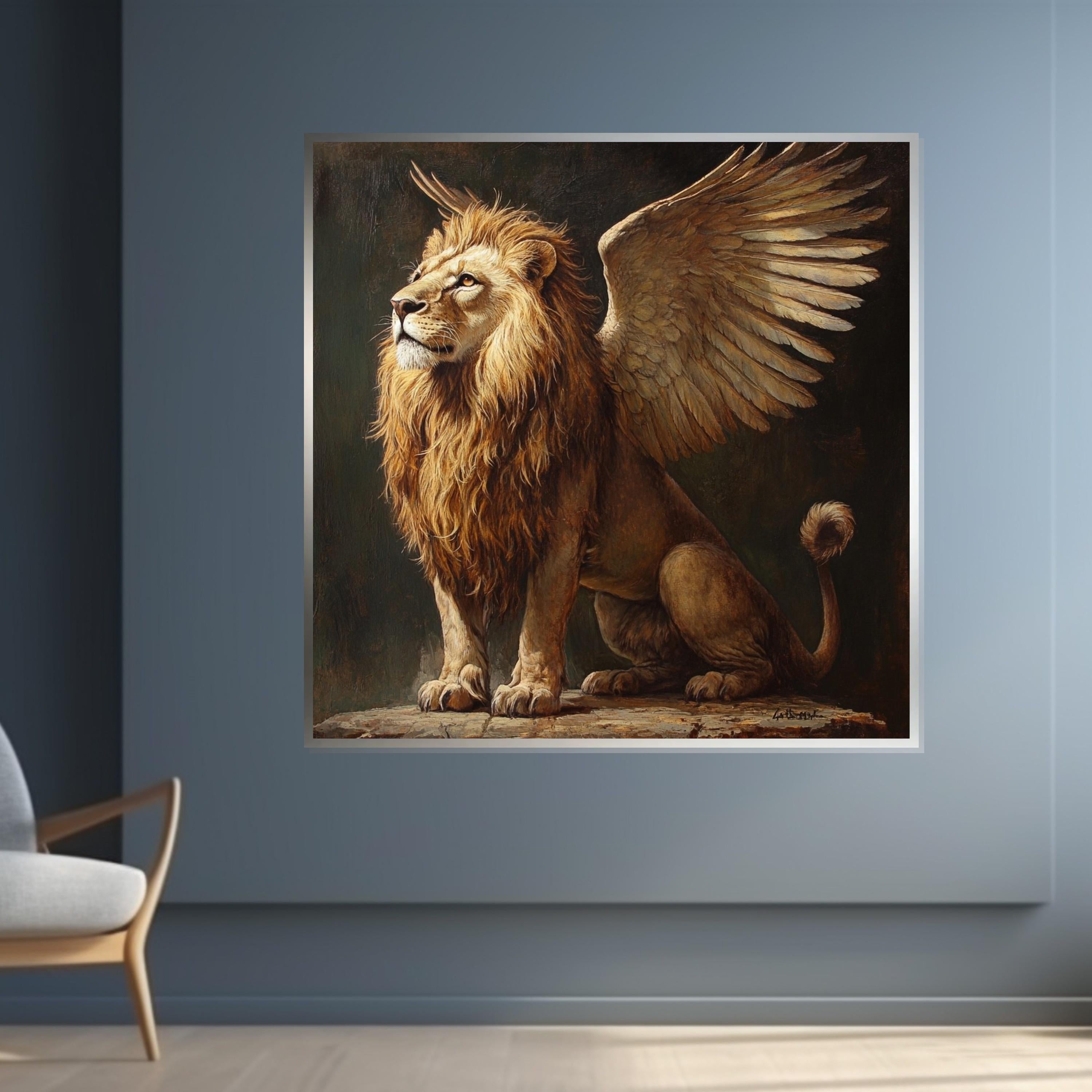 Majestic Winged Lion Canvas, Lion with Wings Art, Mythical Creature Poster, Wall Art Canvas Design, Ready To Hang Decoration