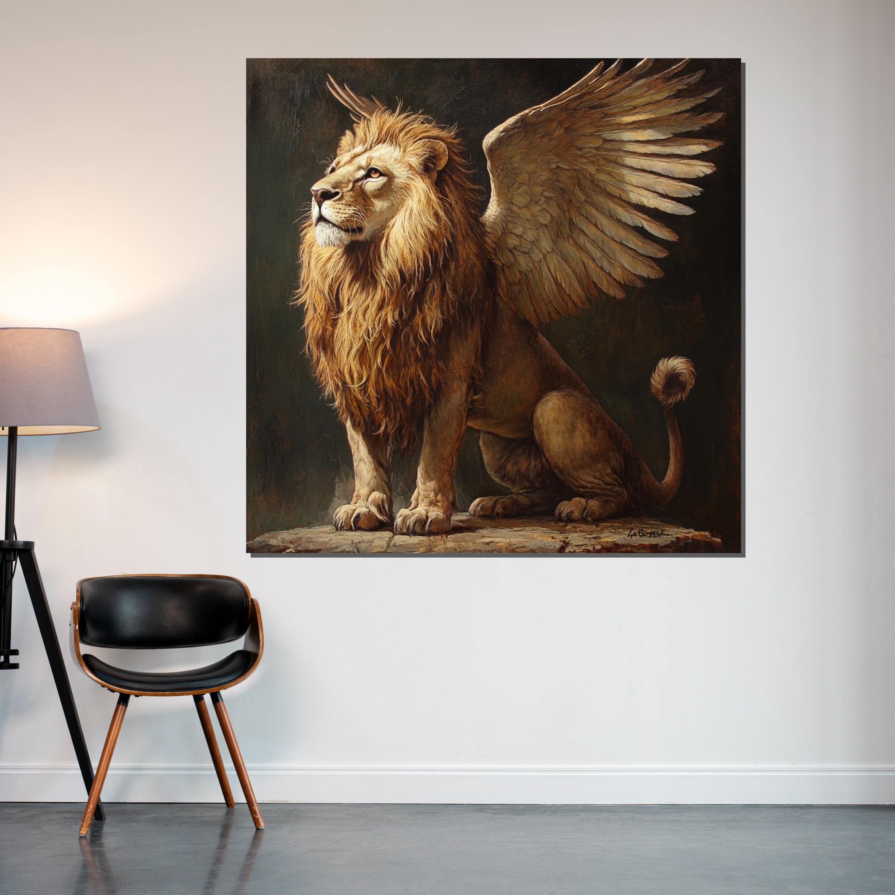 Majestic Winged Lion Canvas, Lion with Wings Art, Mythical Creature Poster, Wall Art Canvas Design, Ready To Hang Decoration