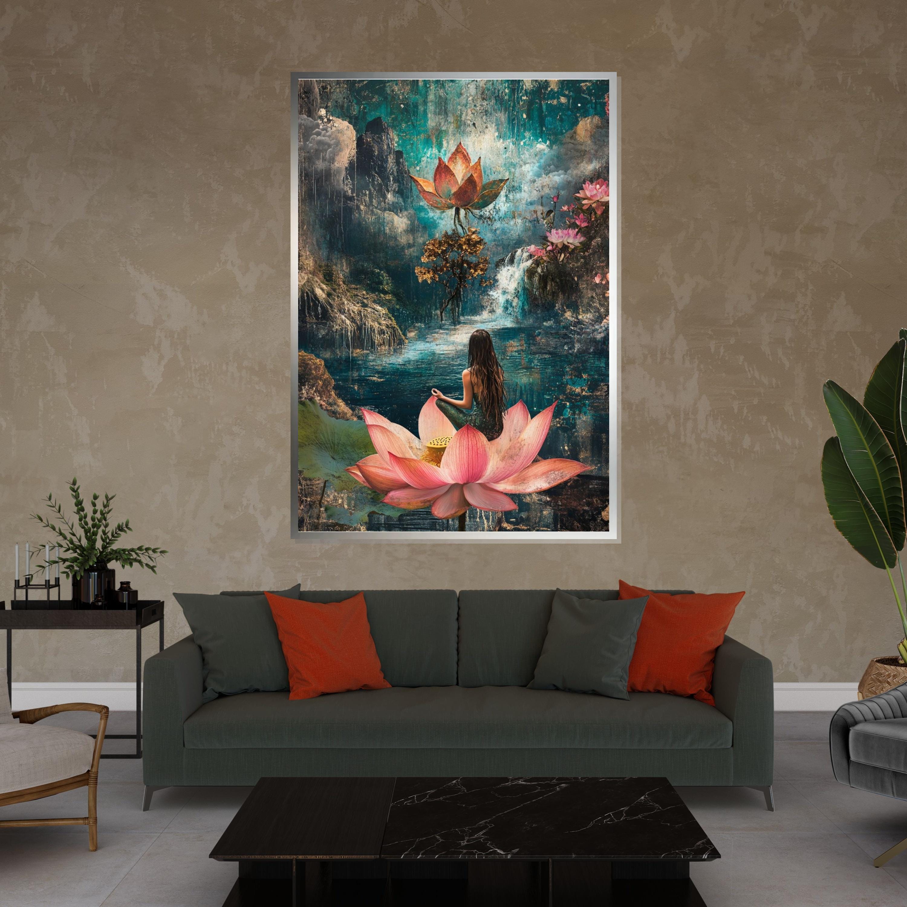 Mystical Lotus Meditation, Lotus Canvas Art, Serene Wall Art, Nature Zen Poster, Canvas Wall Design, Ready to Hang Decoration