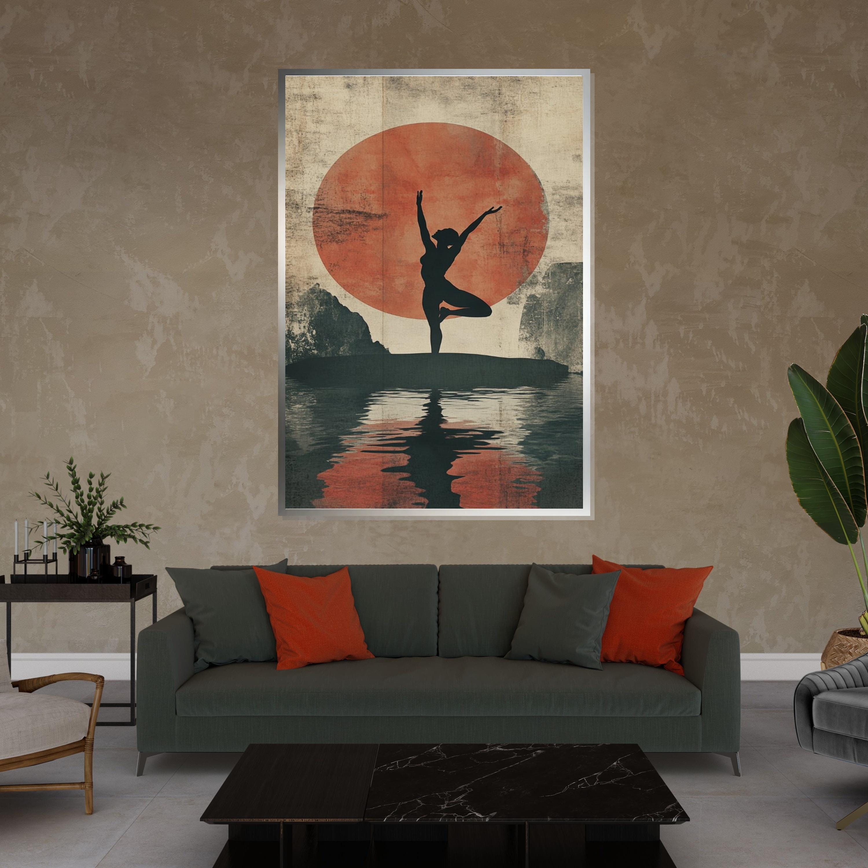 Silhouette Yoga Canvas, Sunset Reflection Poster, Meditation Art, Wall Art Canvas Design, Zen Decor, Ready to Hang, Relaxing Home Decor