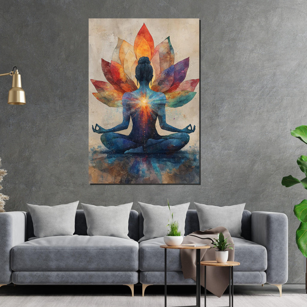 Meditative Lotus Canvas, Yoga Art, Colorful Meditation Poster, Wall Art Canvas Design, Chakra Energy, Ready to Hang Decoration