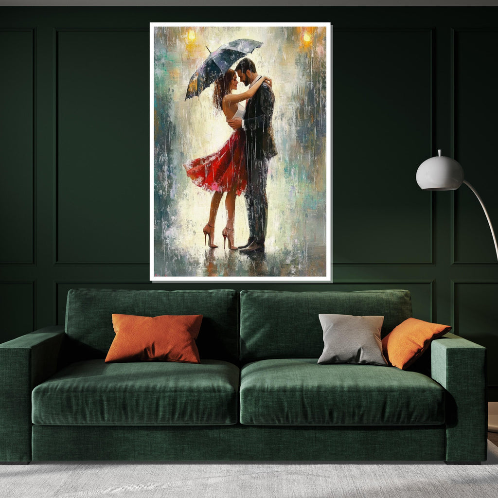 Lovers in the Rain Canvas, Romantic Couple Art, Umbrella Dance Print, Wall Art Canvas Design, Ready to Hang Decoration