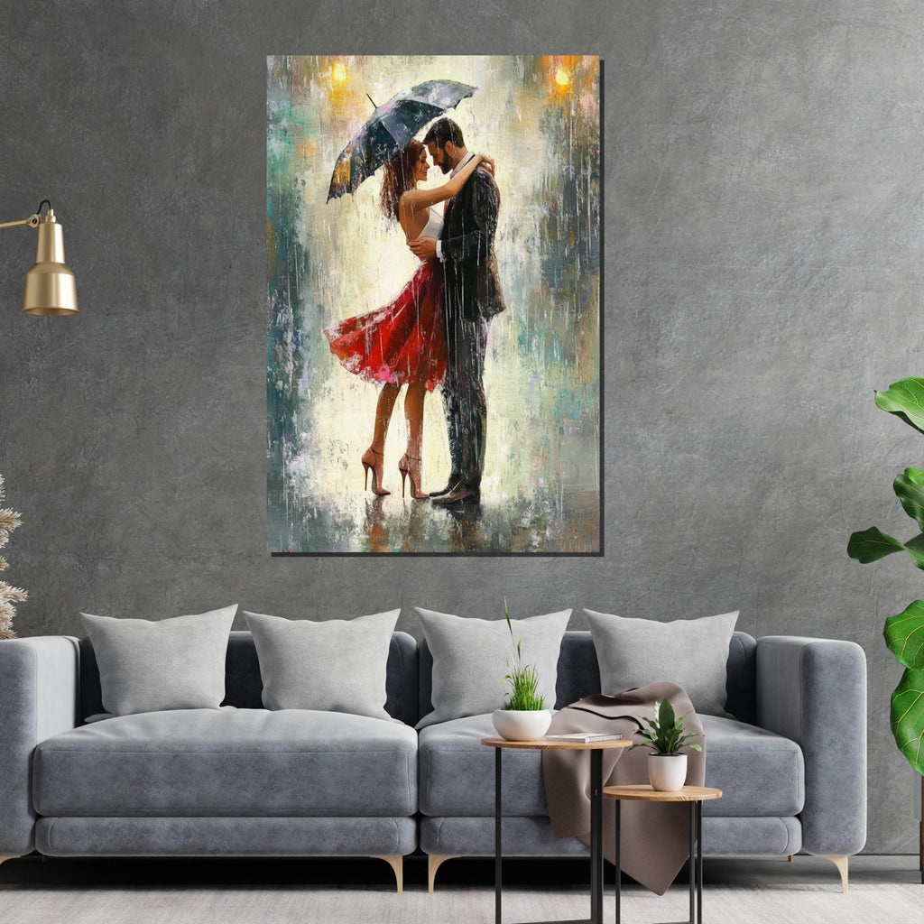 Lovers in the Rain Canvas, Romantic Couple Art, Umbrella Dance Print, Wall Art Canvas Design, Ready to Hang Decoration
