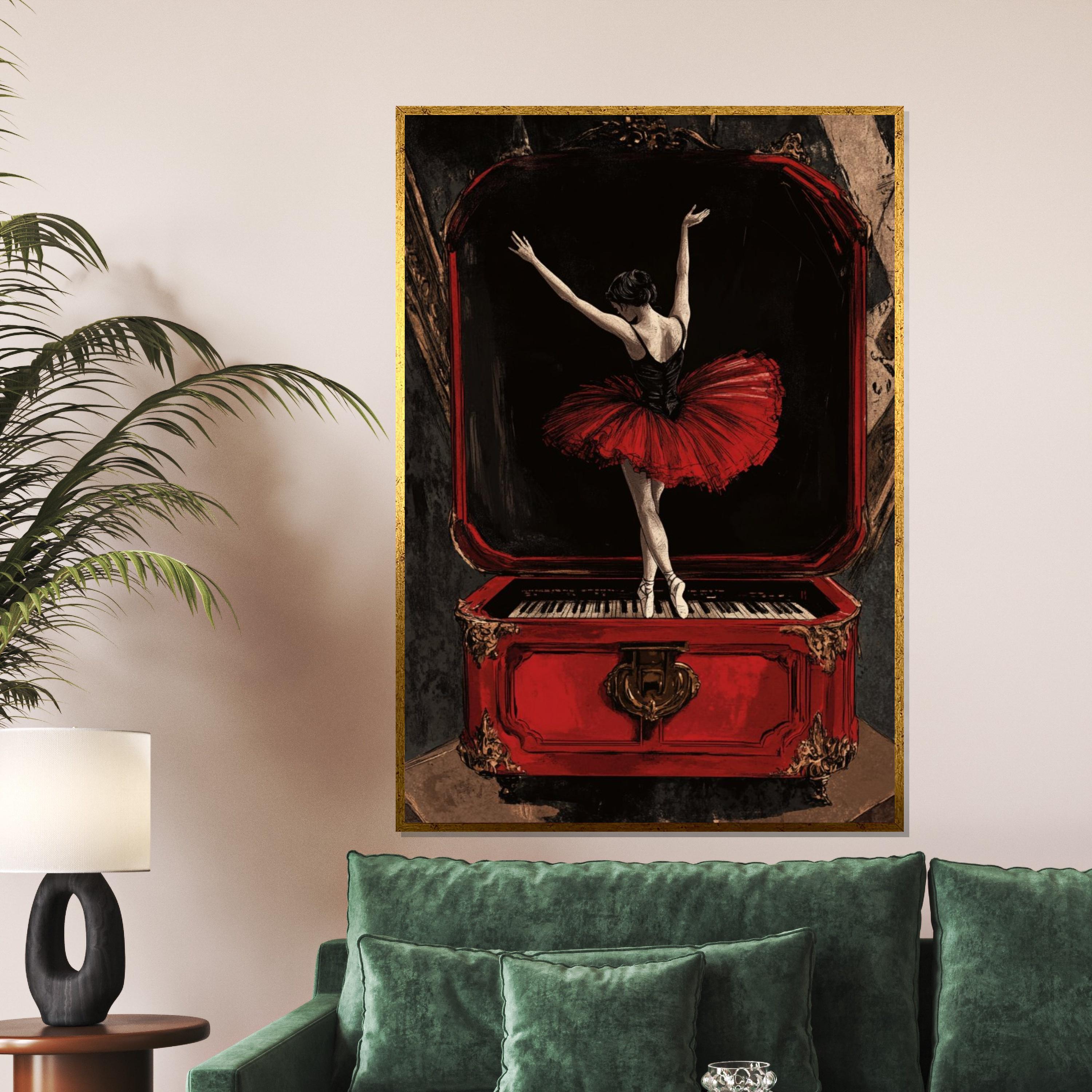 Ballerina Music Box Canvas, Red Dress Ballet Art, Elegant Wall Art, Dancer Print, Classic Style Decor, Wall Art Canvas Design, Ready to Hang