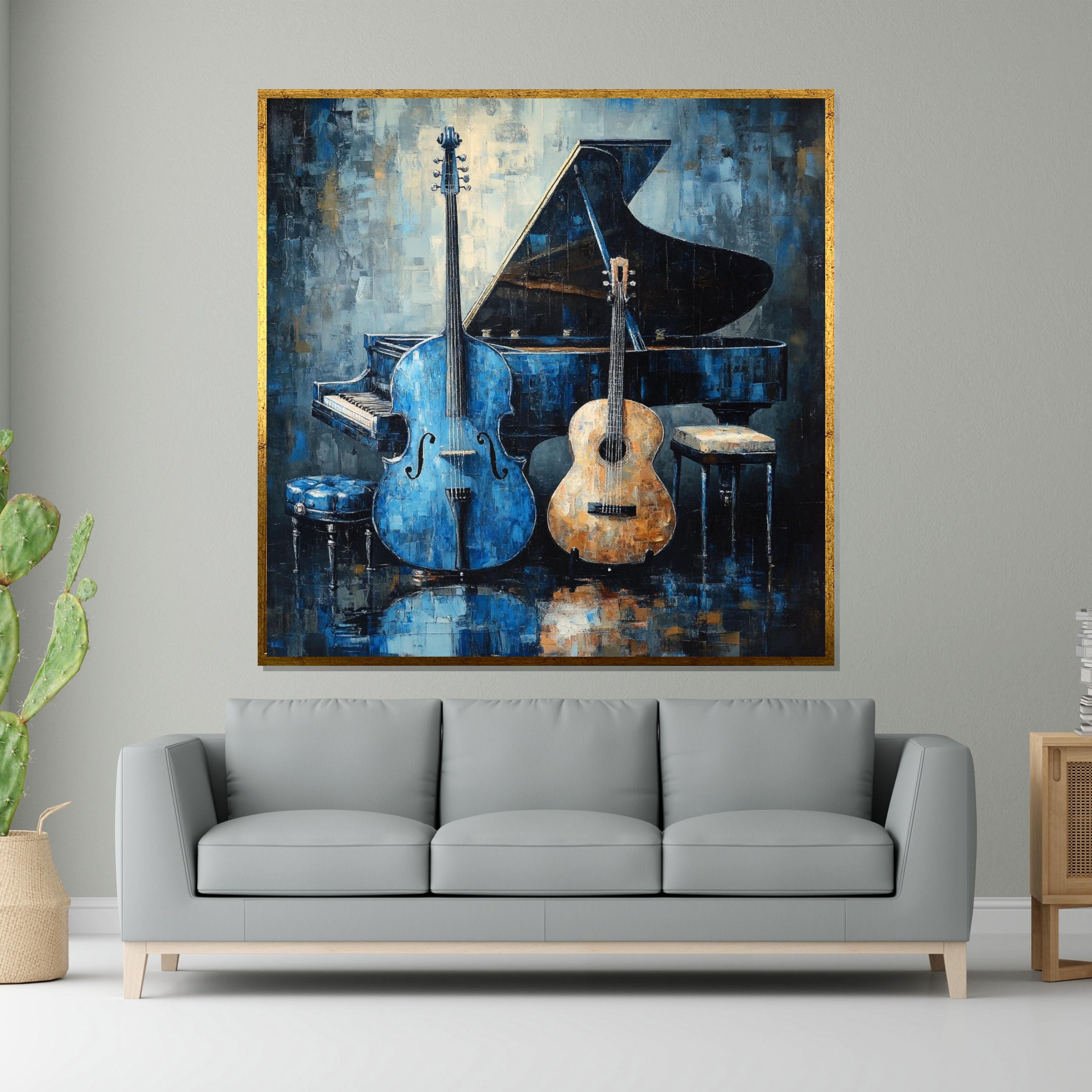 Musical Harmony Canvas, Blue Cello Art, Acoustic Guitar  Piano Wall Print, Music Instrument Poster, Wall Art Canvas Design, Ready to Hang