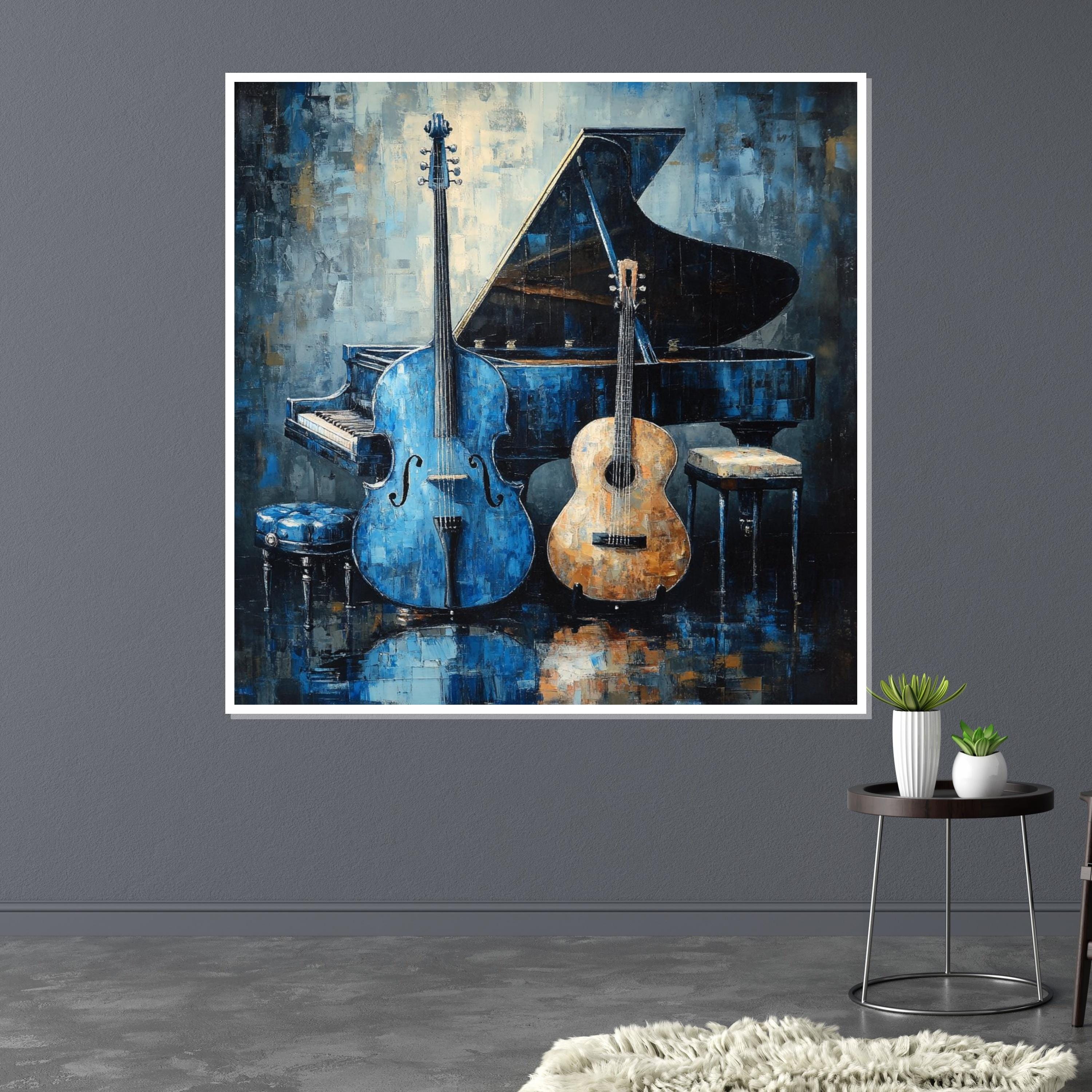 Musical Harmony Canvas, Blue Cello Art, Acoustic Guitar  Piano Wall Print, Music Instrument Poster, Wall Art Canvas Design, Ready to Hang