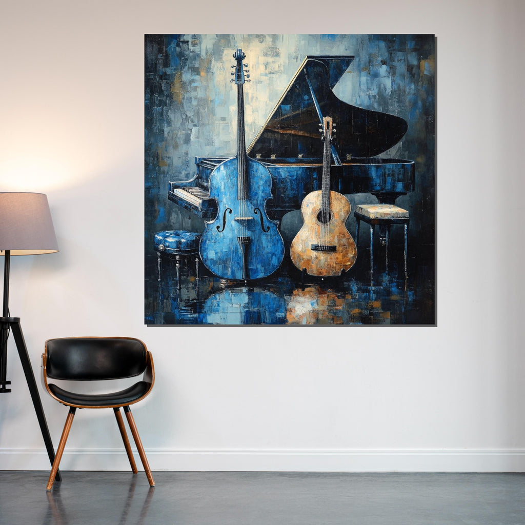 Musical Harmony Canvas, Blue Cello Art, Acoustic Guitar  Piano Wall Print, Music Instrument Poster, Wall Art Canvas Design, Ready to Hang