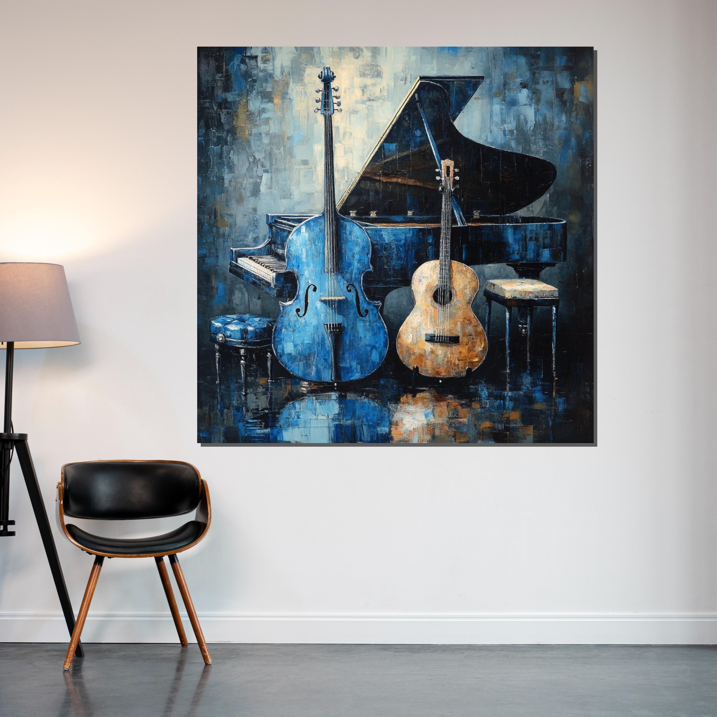 Musical Harmony Canvas, Blue Cello Art, Acoustic Guitar  Piano Wall Print, Music Instrument Poster, Wall Art Canvas Design, Ready to Hang