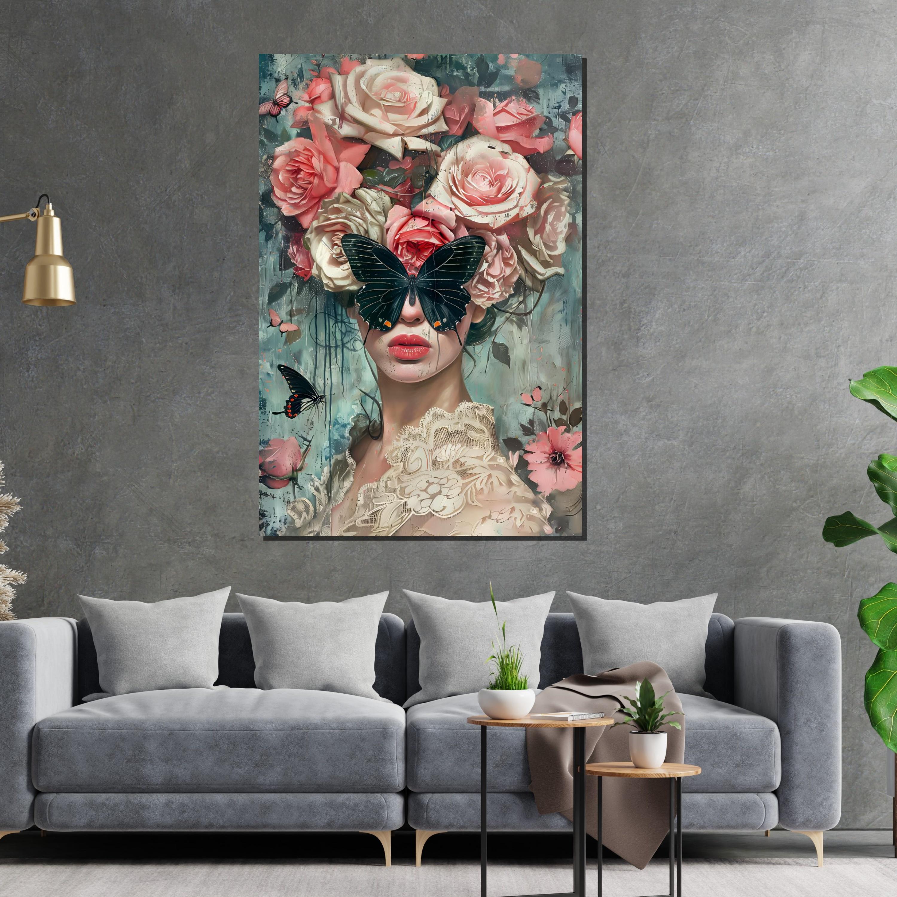 Butterfly Garden Muse, Floral Art, Face Hidden by Butterfly, Modern Art Canvas, Wall Decor, Framed Canvas, Ready to Hang Decoration