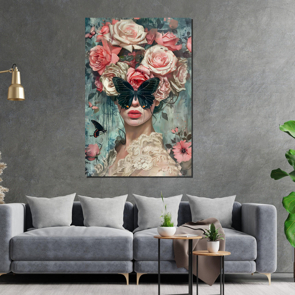 Butterfly Garden Muse, Floral Art, Face Hidden by Butterfly, Modern Art Canvas, Wall Decor, Framed Canvas, Ready to Hang Decoration