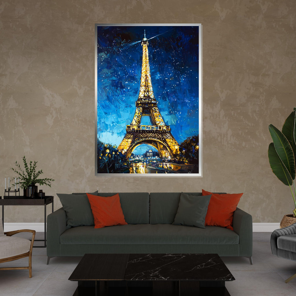 Eiffel Tower Night Canvas, Paris Wall Art, Cityscape Painting, Wall Art Canvas Design, Starry Night Decor, Ready to Hang