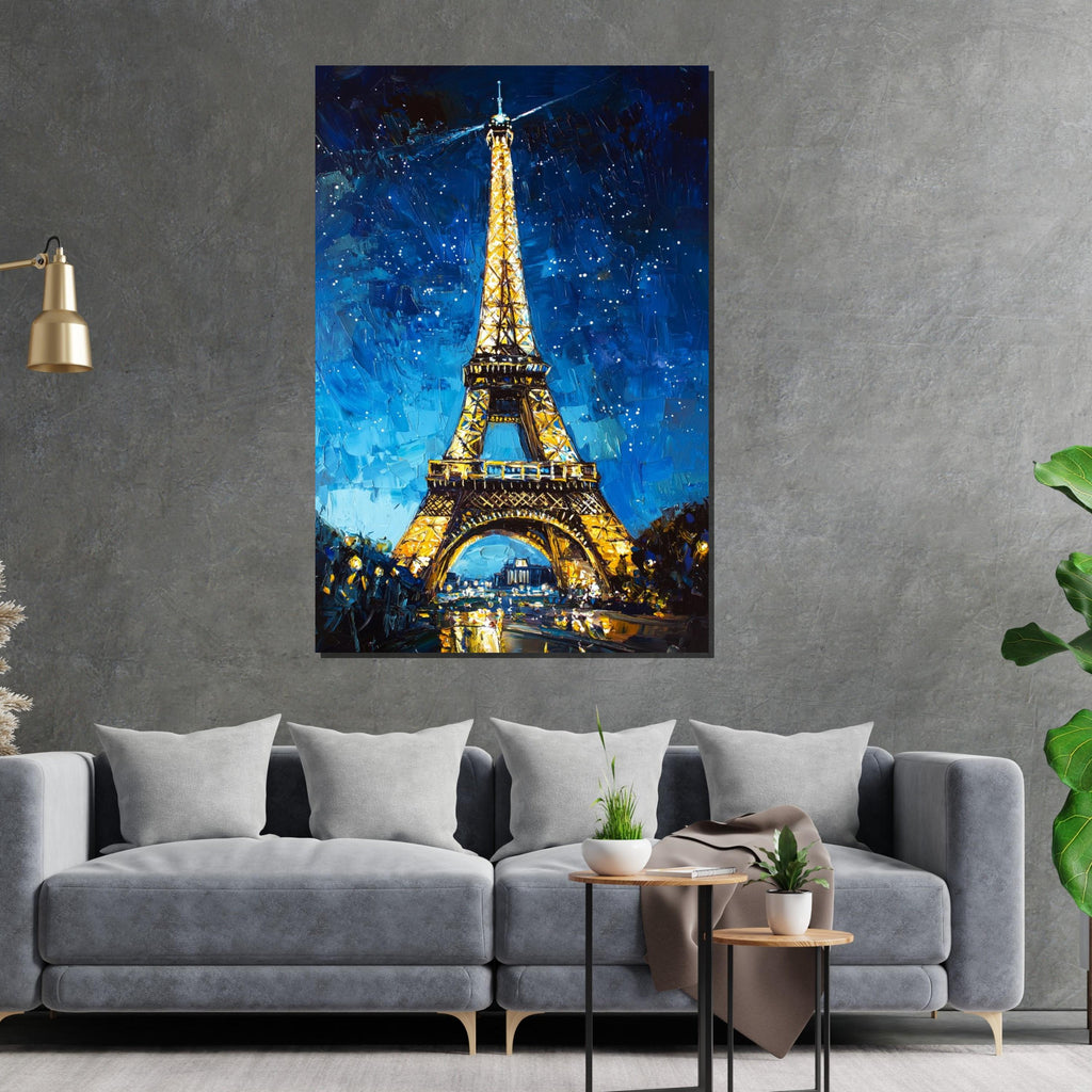 Eiffel Tower Night Canvas, Paris Wall Art, Cityscape Painting, Wall Art Canvas Design, Starry Night Decor, Ready to Hang