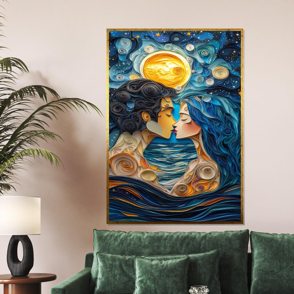 Moonlit Lovers Canvas, Romantic Night Art, Couple Wall Art, Quirky Love Print, Ocean Romance Decor, Wall Art Canvas Design, Ready to Hang