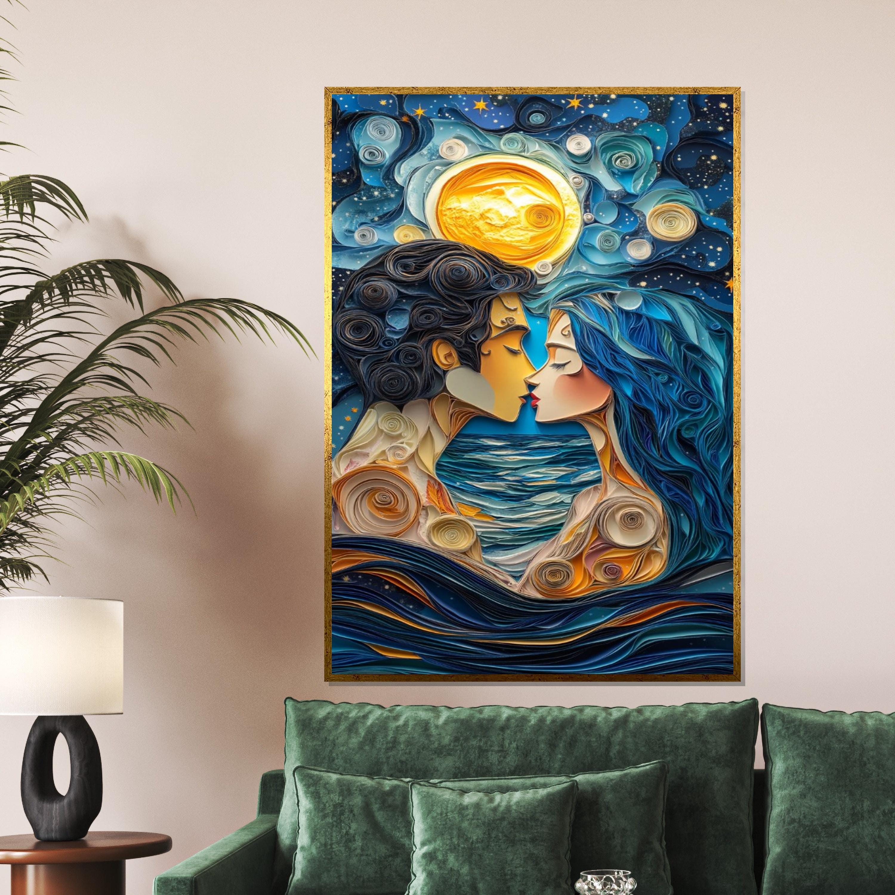 Moonlit Lovers Canvas, Romantic Night Art, Couple Wall Art, Quirky Love Print, Ocean Romance Decor, Wall Art Canvas Design, Ready to Hang