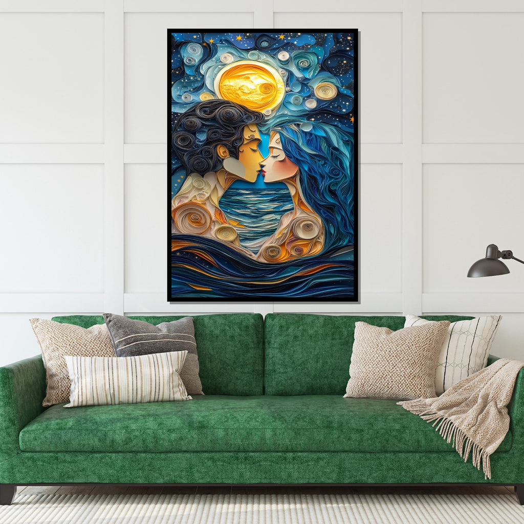 Moonlit Lovers Canvas, Romantic Night Art, Couple Wall Art, Quirky Love Print, Ocean Romance Decor, Wall Art Canvas Design, Ready to Hang