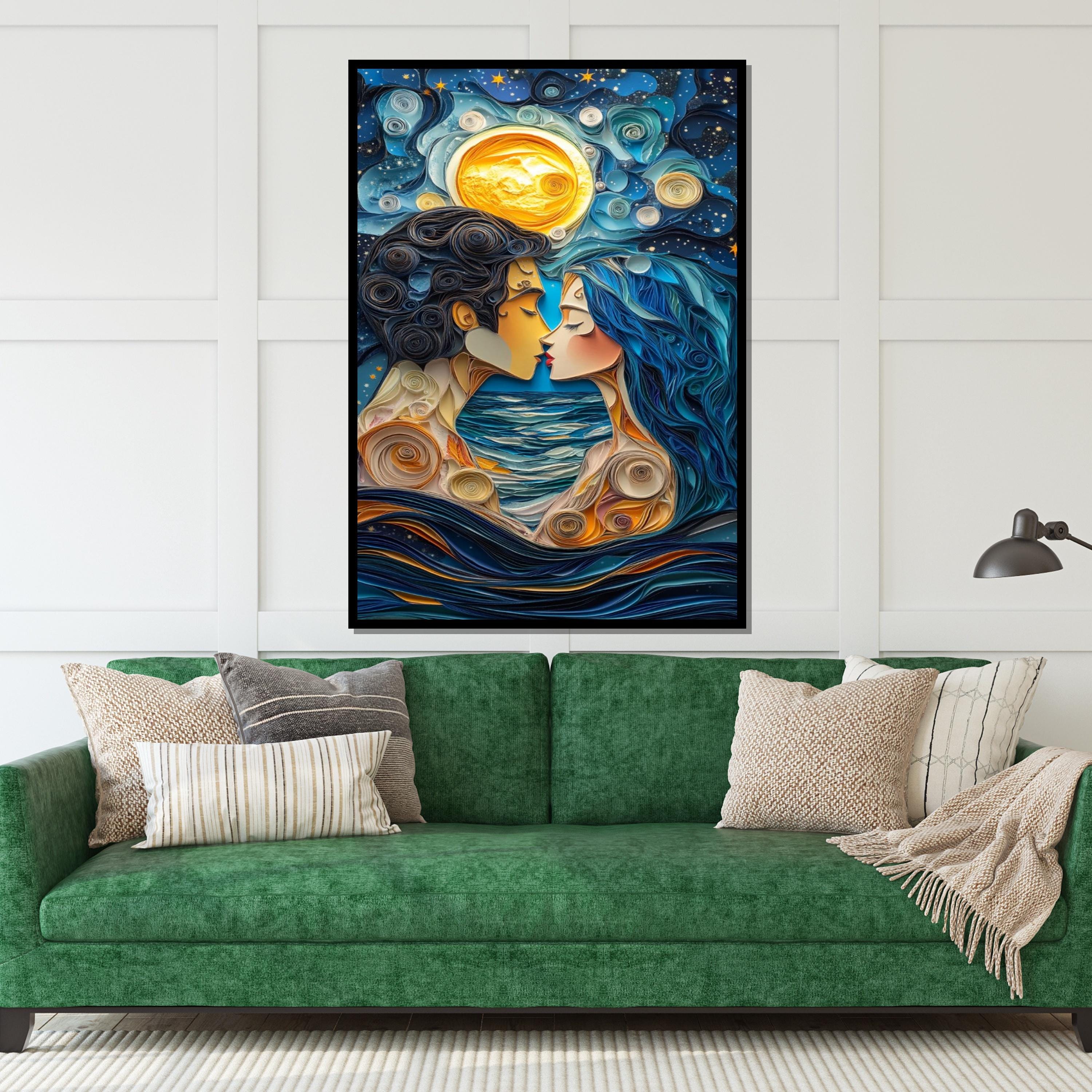 Moonlit Lovers Canvas, Romantic Night Art, Couple Wall Art, Quirky Love Print, Ocean Romance Decor, Wall Art Canvas Design, Ready to Hang