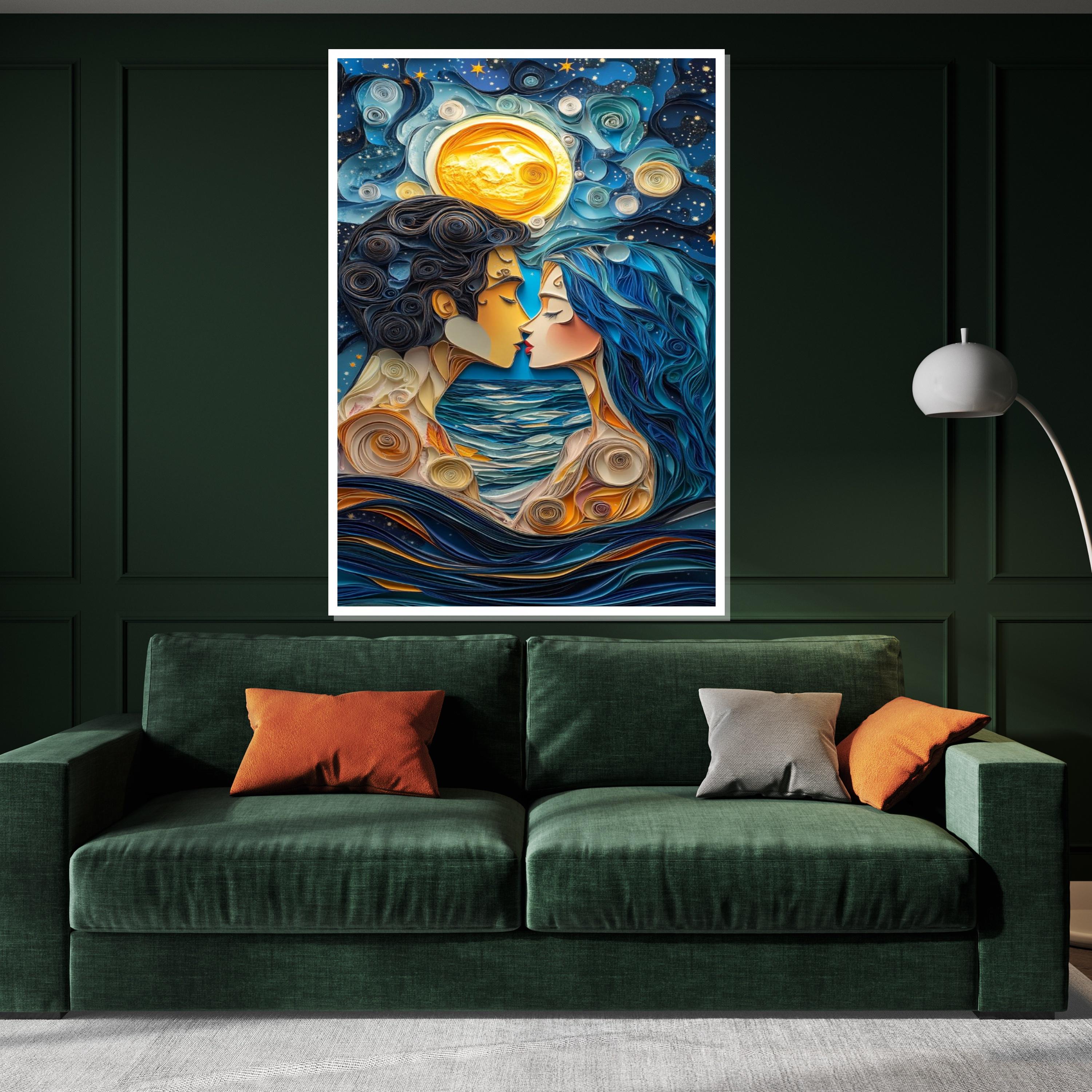 Moonlit Lovers Canvas, Romantic Night Art, Couple Wall Art, Quirky Love Print, Ocean Romance Decor, Wall Art Canvas Design, Ready to Hang