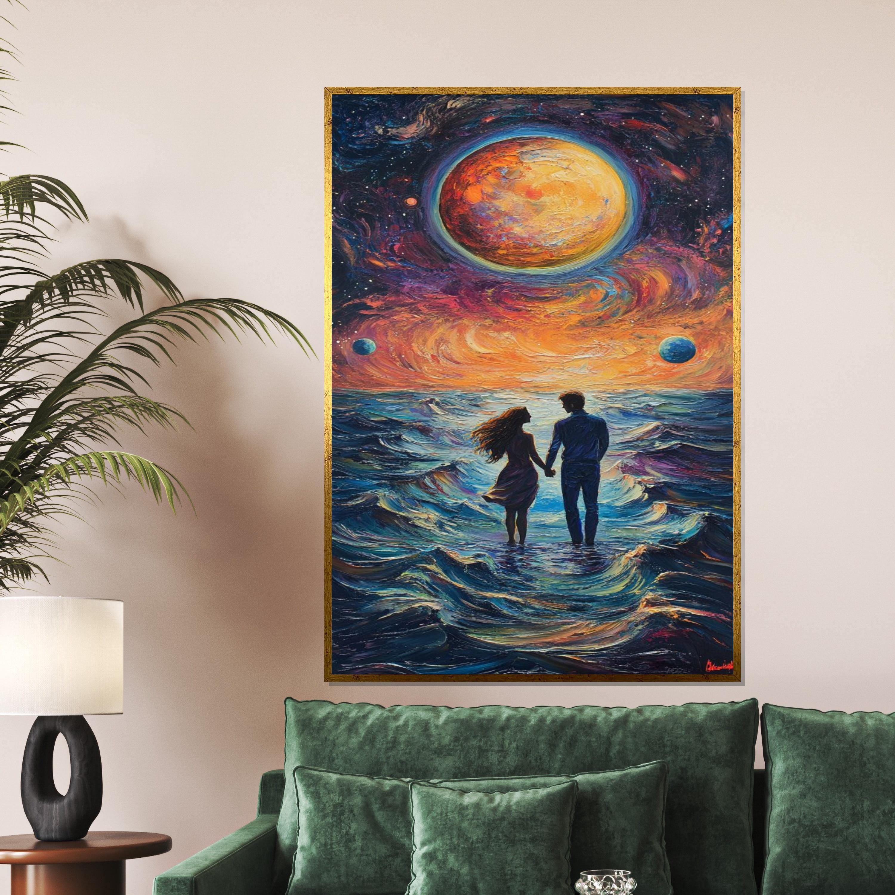 Eternal Sunset Lovers Canvas, Romantic Ocean Walk Art, Cosmic Couple Wall Print, Wall Art Canvas Design, Ready to Hang Decoration