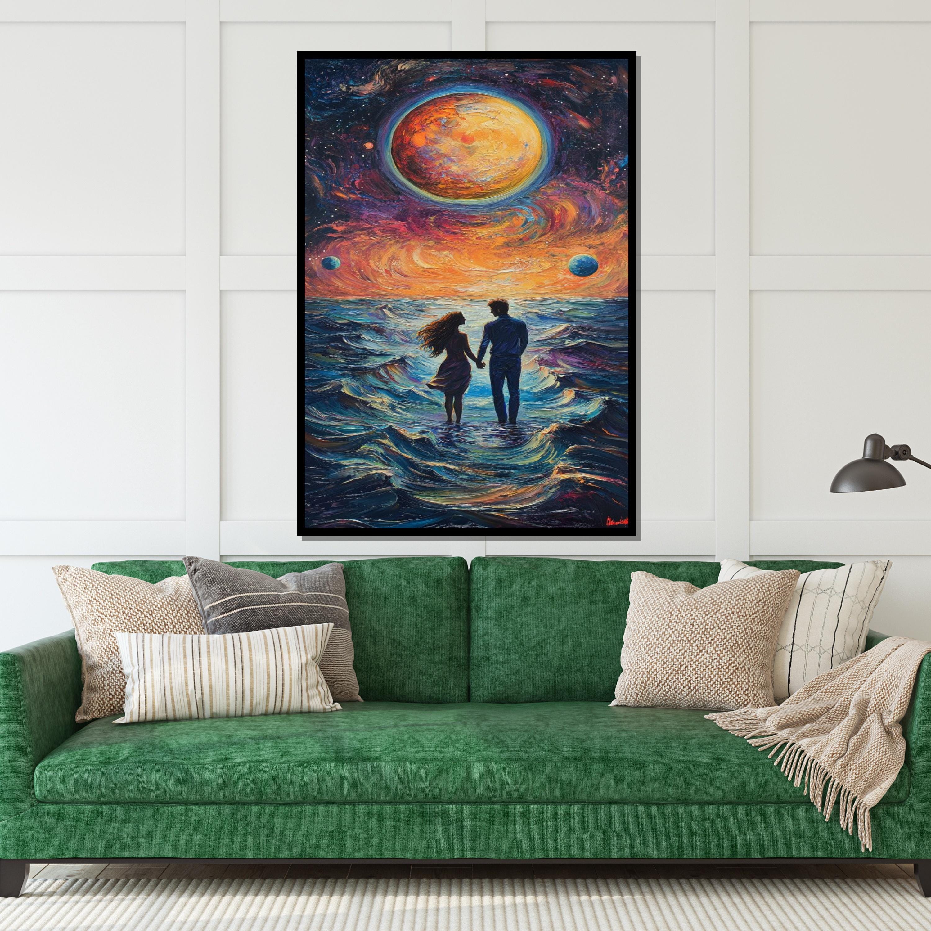 Eternal Sunset Lovers Canvas, Romantic Ocean Walk Art, Cosmic Couple Wall Print, Wall Art Canvas Design, Ready to Hang Decoration