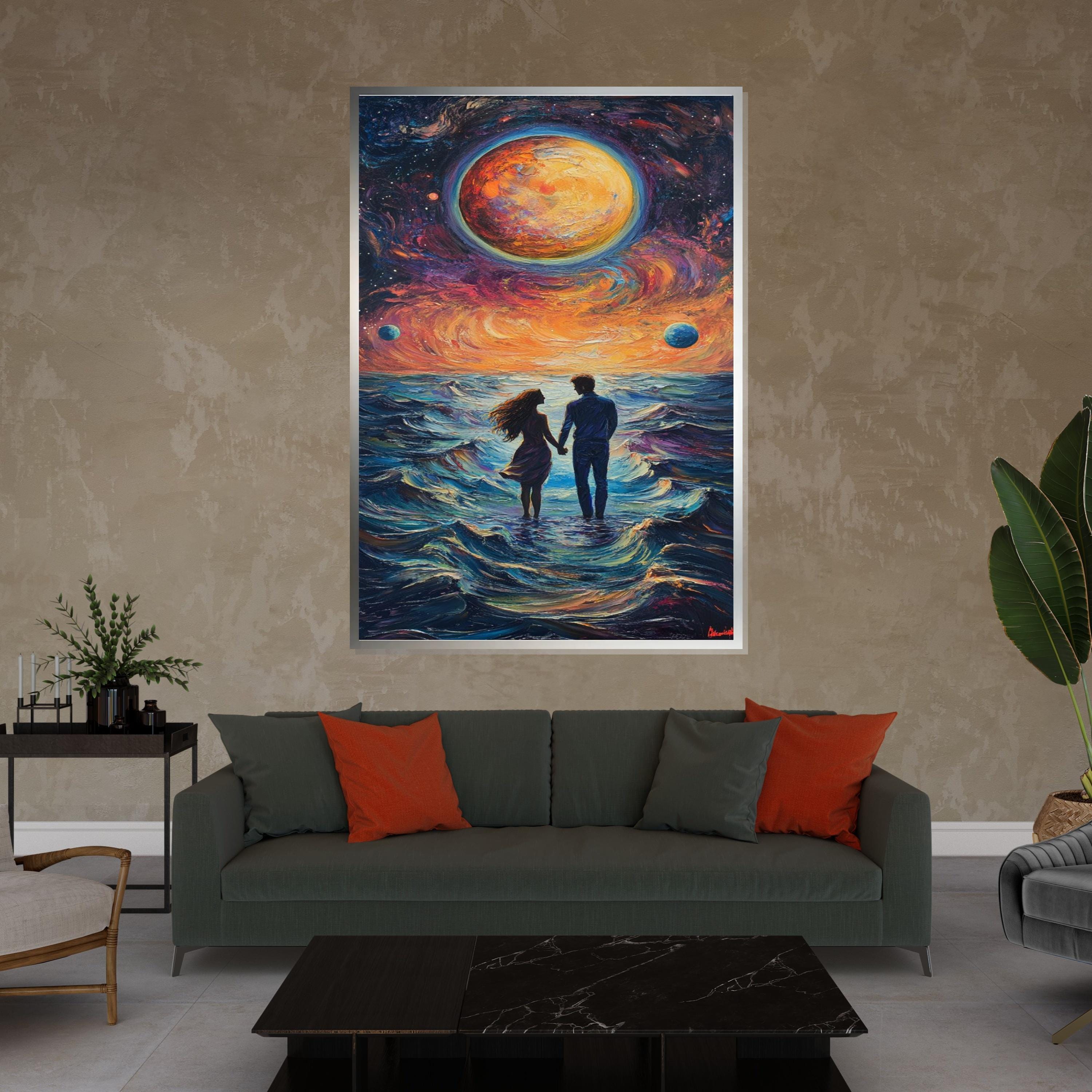 Eternal Sunset Lovers Canvas, Romantic Ocean Walk Art, Cosmic Couple Wall Print, Wall Art Canvas Design, Ready to Hang Decoration