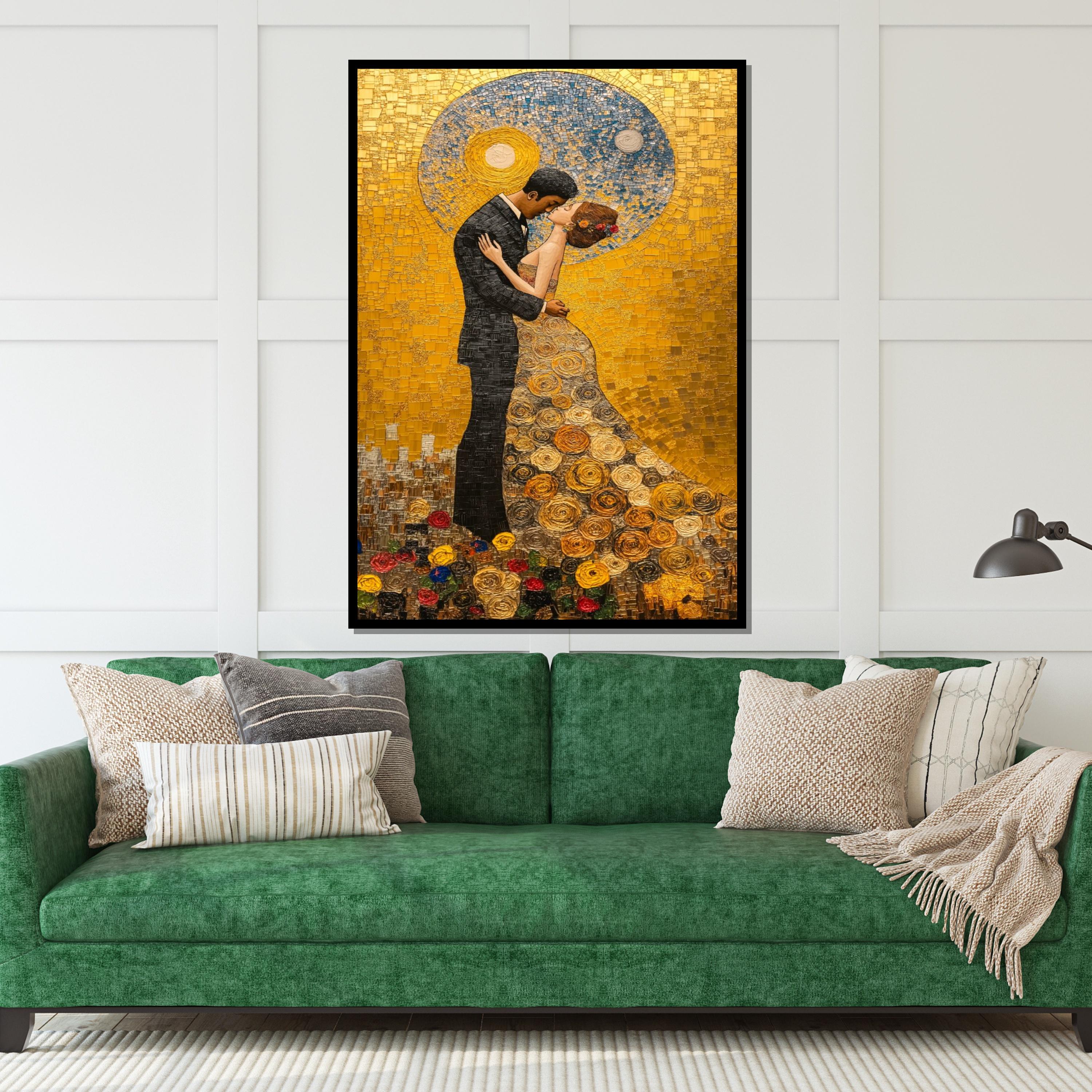 Romantic Embrace Canvas, Mosaic Couple Wall Art, Golden Love, Romantic Wall Print, Wall Art Canvas Design, Ready to Hang Decoration