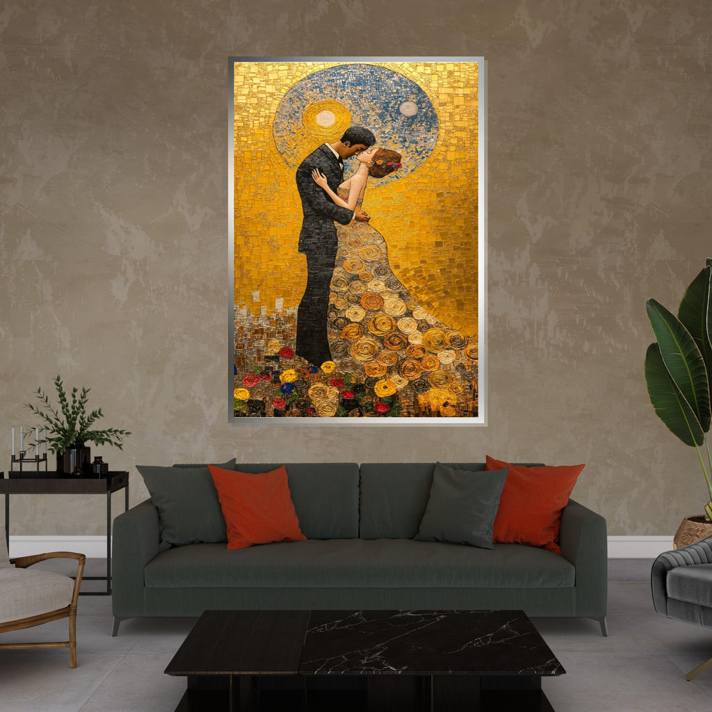 Romantic Embrace Canvas, Mosaic Couple Wall Art, Golden Love, Romantic Wall Print, Wall Art Canvas Design, Ready to Hang Decoration