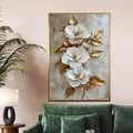 White Floral Elegance Canvas, Gold Leaf Flower Art, Botanical Wall Art Canvas Design, Ready to Hang Decoration, Flower Wall Print