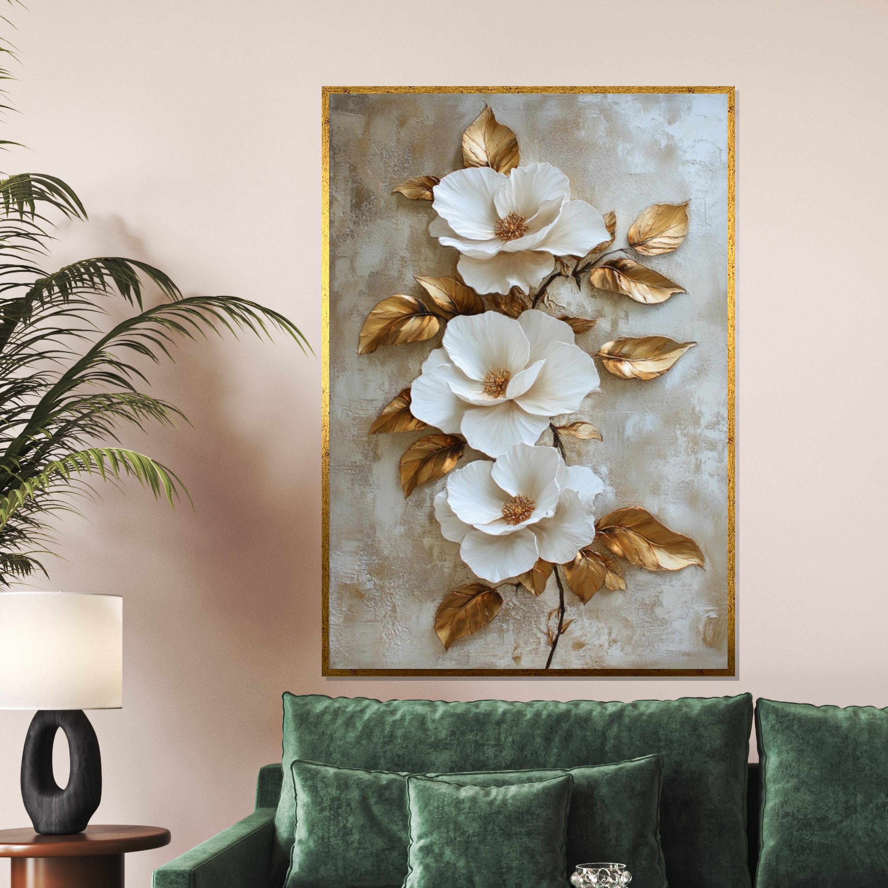 White Floral Elegance Canvas, Gold Leaf Flower Art, Botanical Wall Art Canvas Design, Ready to Hang Decoration, Flower Wall Print