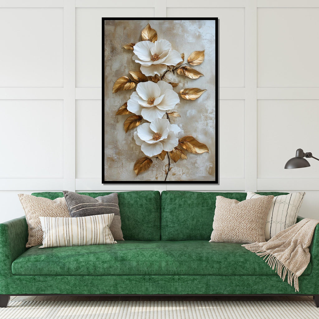 White Floral Elegance Canvas, Gold Leaf Flower Art, Botanical Wall Art Canvas Design, Ready to Hang Decoration, Flower Wall Print