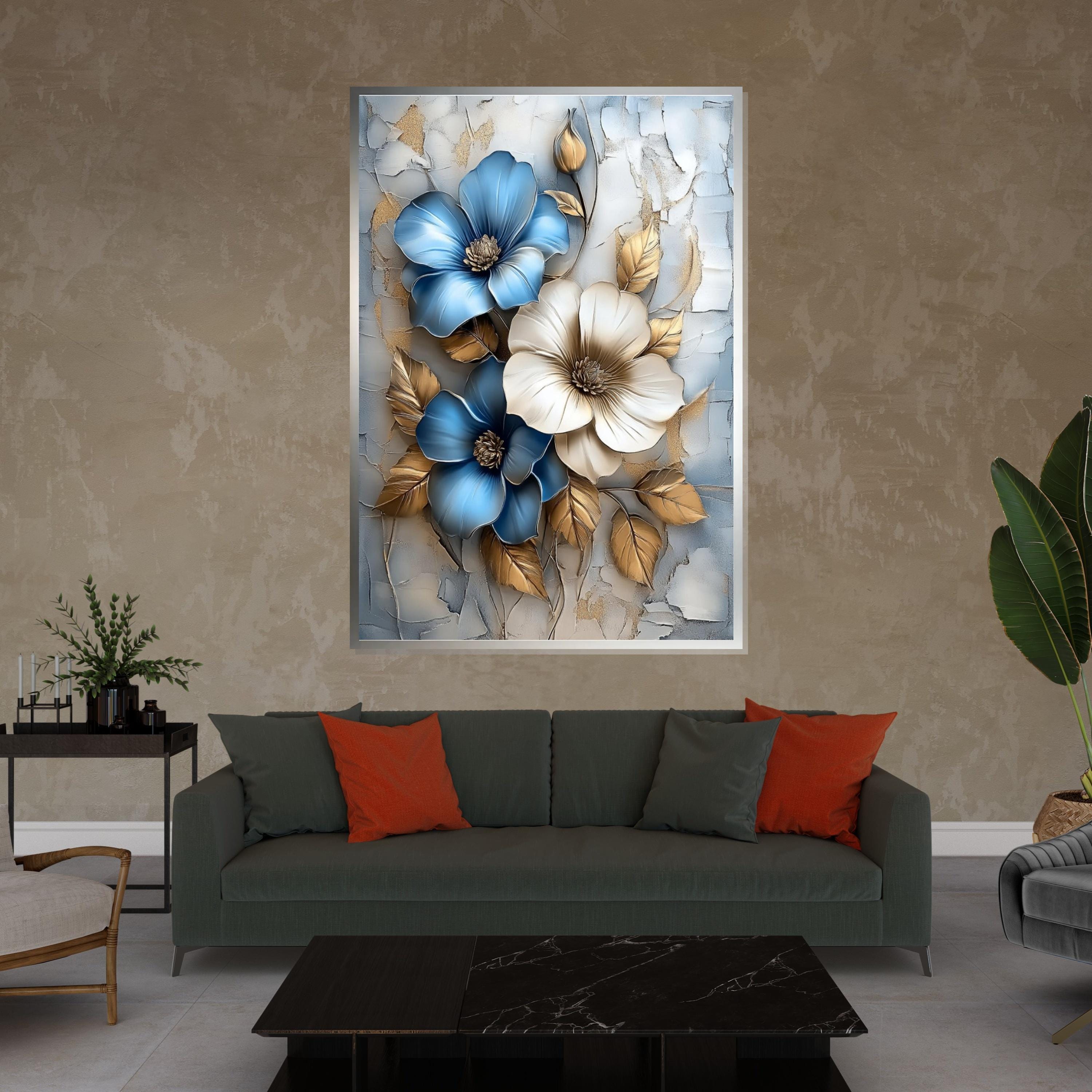 Blue Gold Flower Canvas, Floral Wall Art, Textured Bloom Art, Wall Art Canvas Design, Ready To Hang Decoration, Elegant Botanical Print