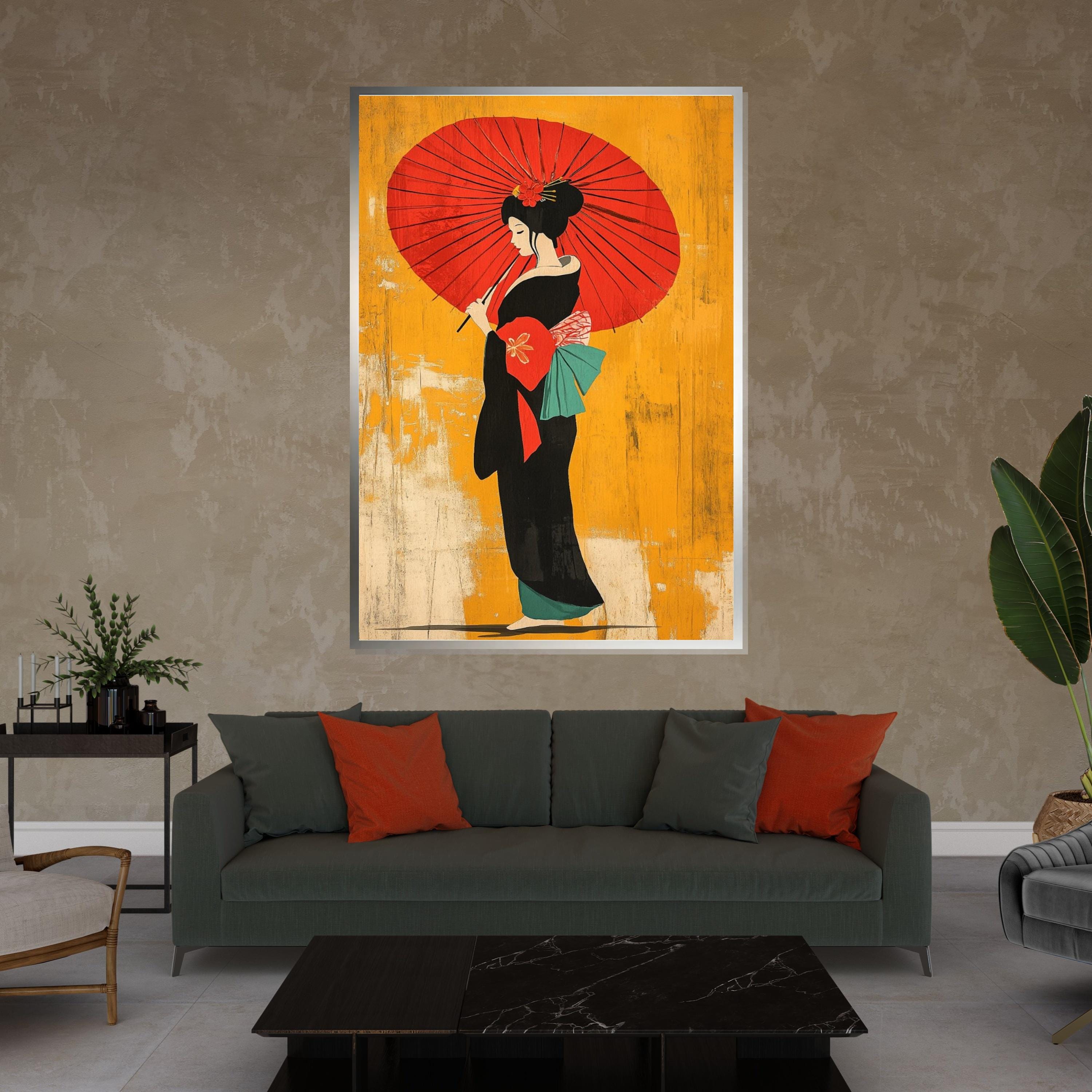 Geisha Elegance, Traditional Japanese Canvas Art, Cultural Wall Print, Woman with Umbrella Decor, Wall Art Canvas Design, Ready to Hang