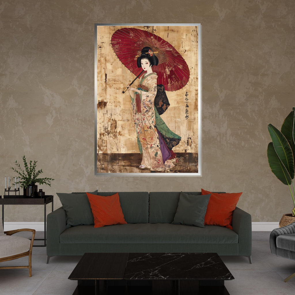 Geisha Umbrella Canvas, Traditional Art, Japanese Wall Art, Ethnic Framed Canvas, Wall Art Canvas Design, Ready to Hang Decoration