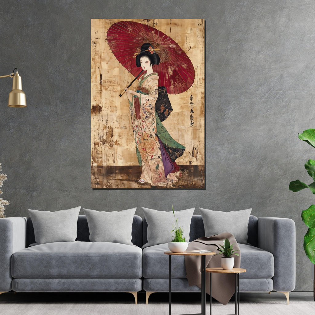 Geisha Umbrella Canvas, Traditional Art, Japanese Wall Art, Ethnic Framed Canvas, Wall Art Canvas Design, Ready to Hang Decoration