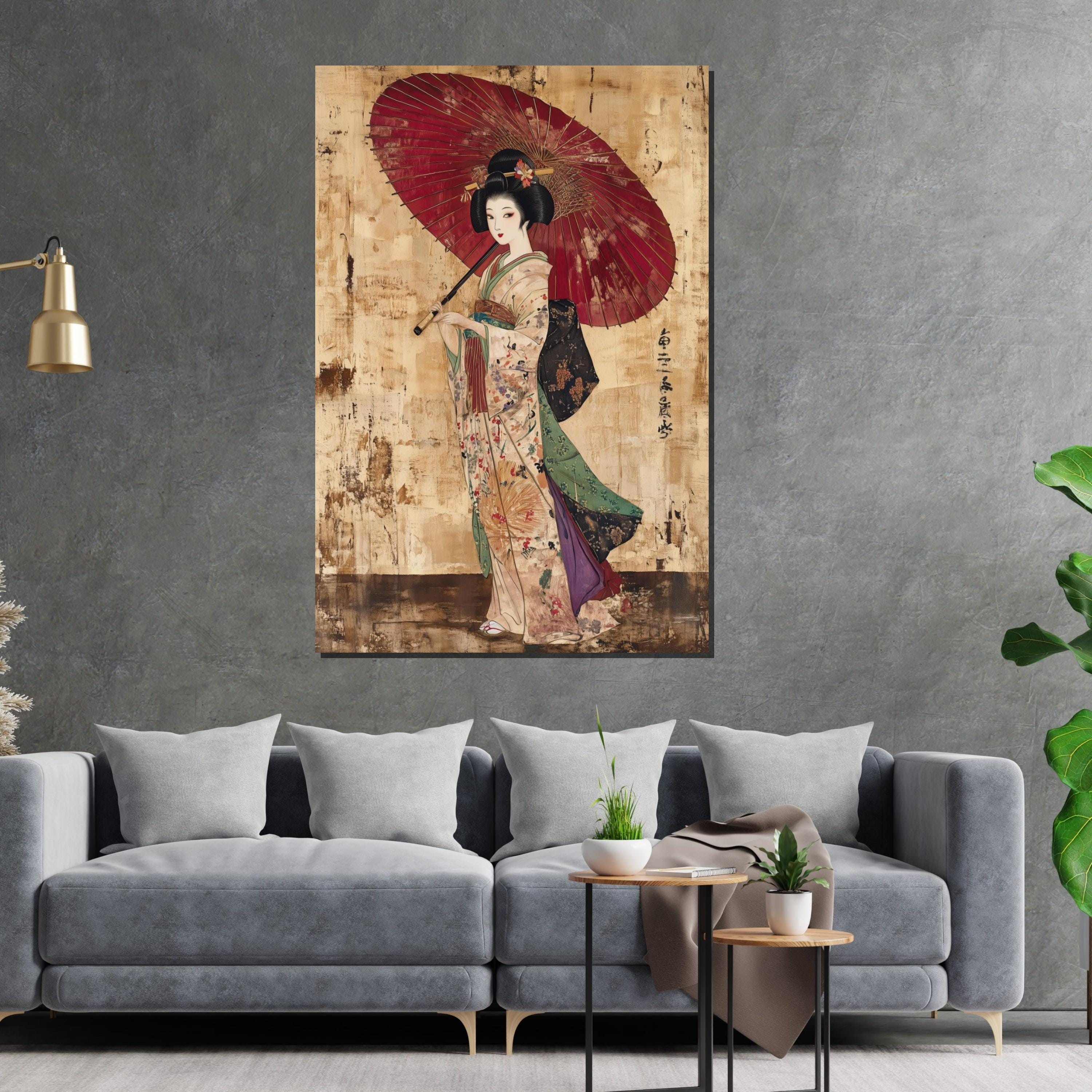 Geisha Umbrella Canvas, Traditional Art, Japanese Wall Art, Ethnic Framed Canvas, Wall Art Canvas Design, Ready to Hang Decoration