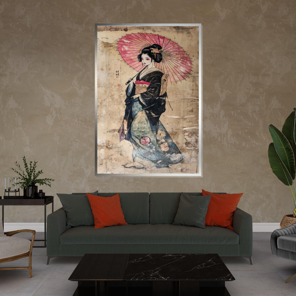 Geisha Umbrella Canvas Art, Japanese Wall Decor, Ethnic Wall Art, Asian Culture Poster, Framed Canvas, Ready to Hang Decoration
