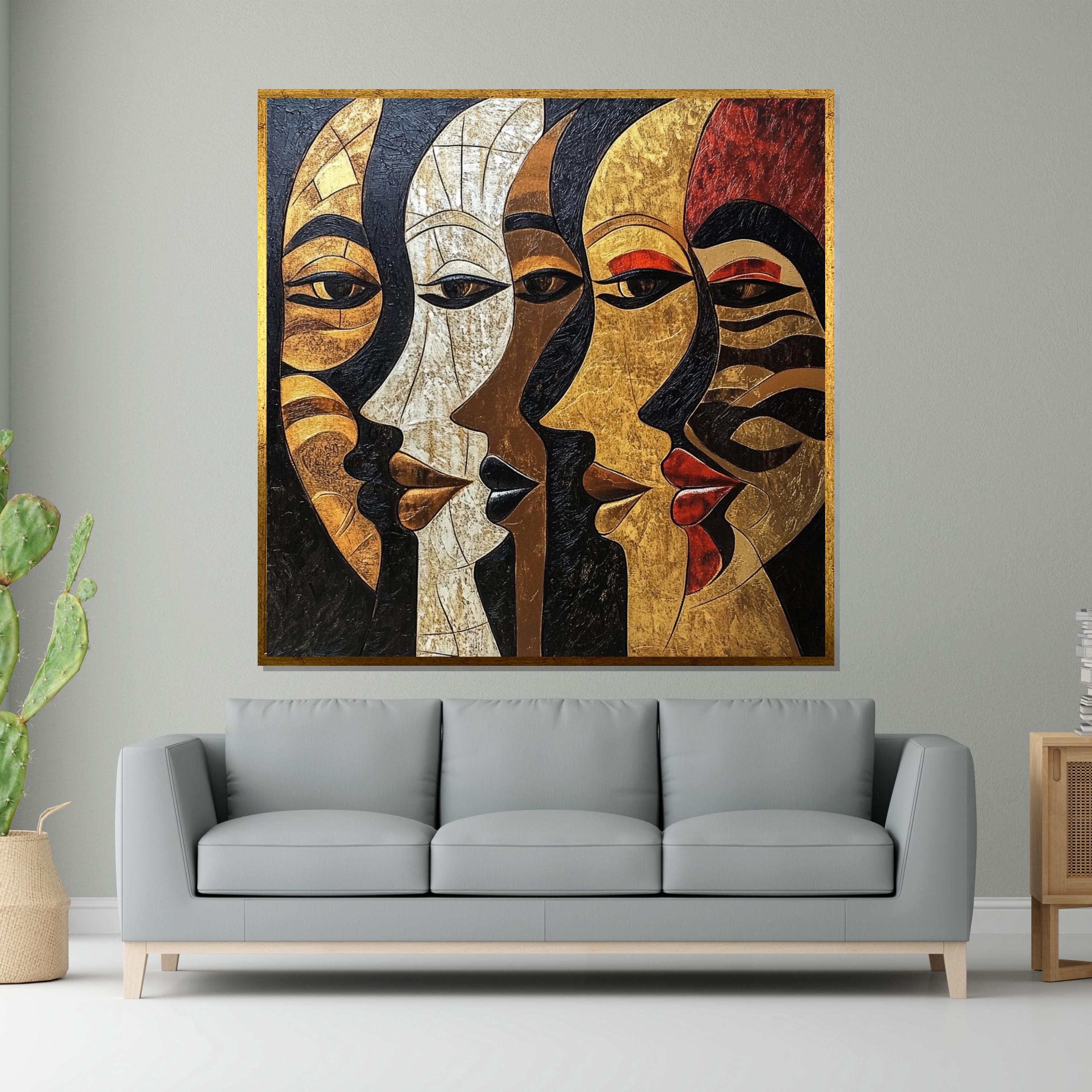 Abstract Faces Canvas, Ethnic Wall Art, Multicolor Faces Print, Modern Art Canvas Design, Framed Wall Art, Ready to Hang Decoration