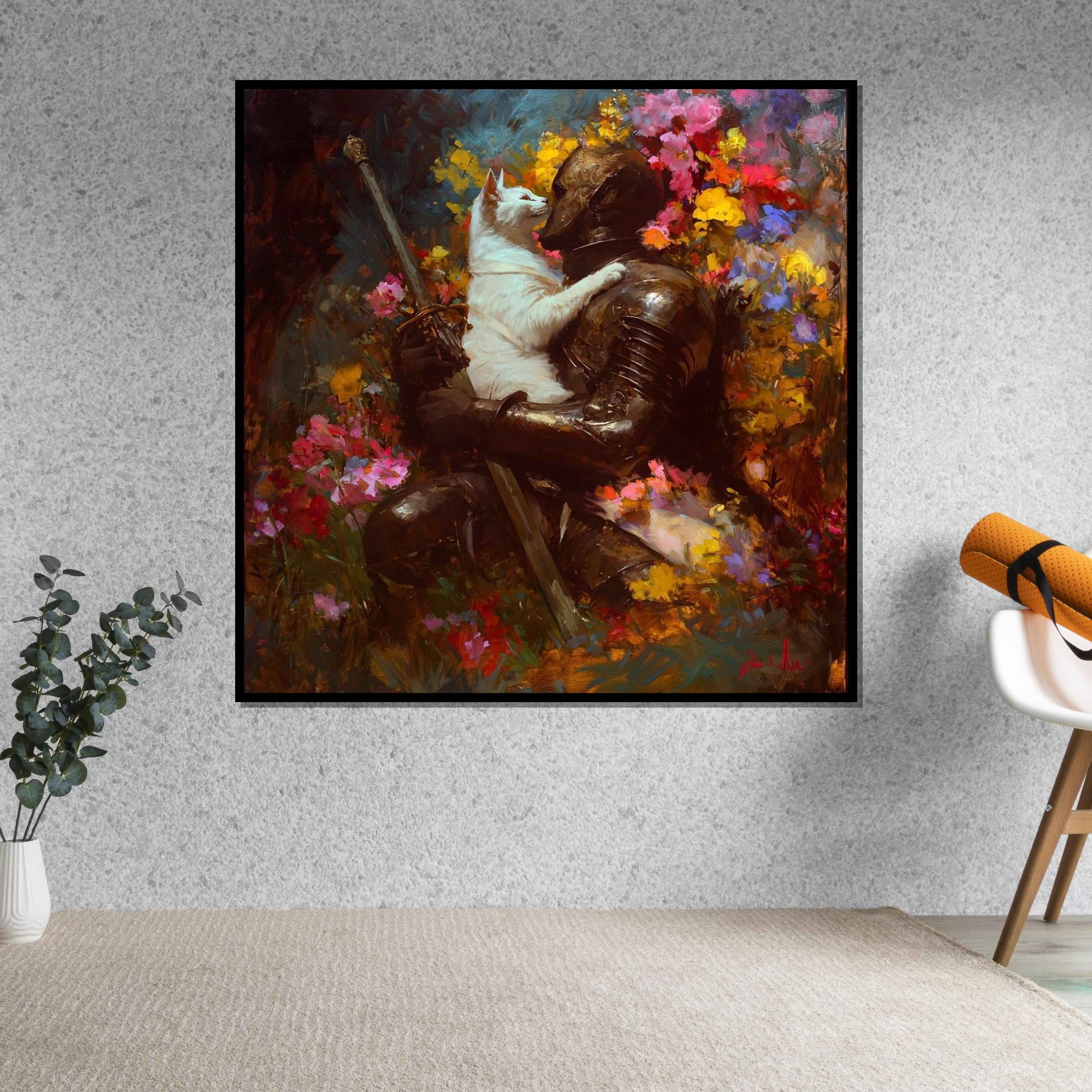 Knight and Cat Canvas, Enchanted Garden Art, Medieval Wall Print, Whimsical Wall Art Canvas Design, Ready to Hang Decoration