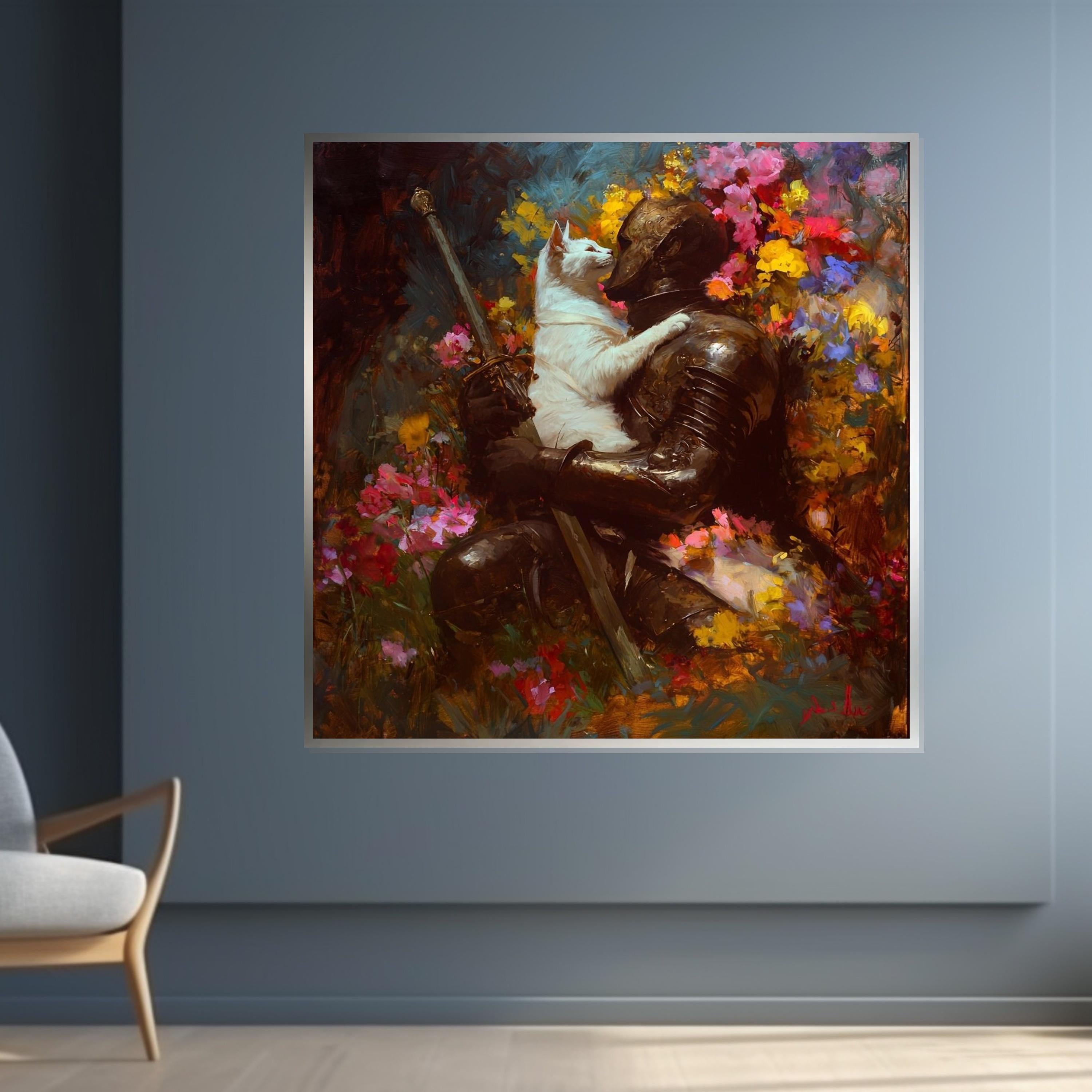 Knight and Cat Canvas, Enchanted Garden Art, Medieval Wall Print, Whimsical Wall Art Canvas Design, Ready to Hang Decoration