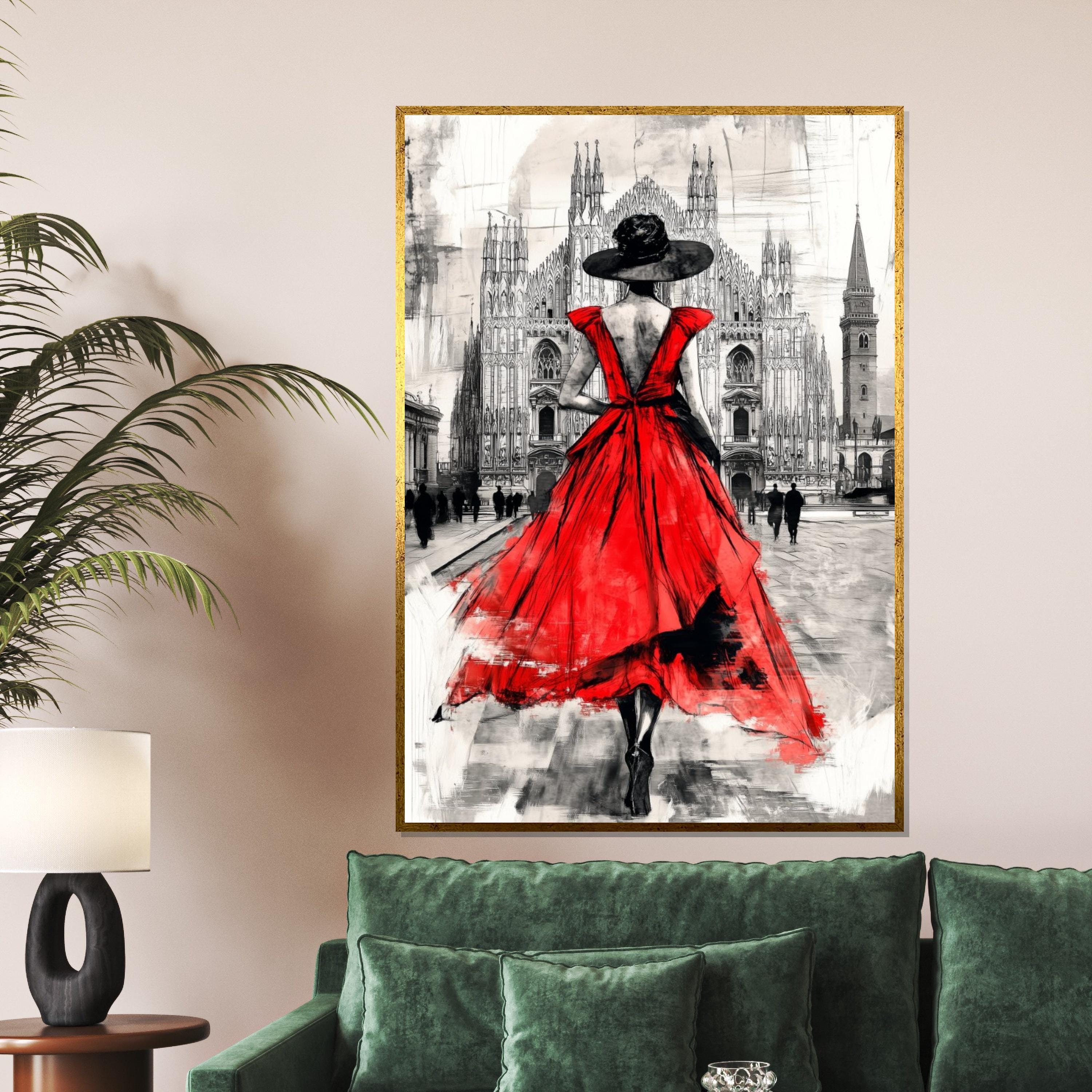 Elegant Red Dress, Urban Canvas, Fashion Art, Lady in Red Wall Art, Cityscape Poster, Wall Art Canvas Design, Ready To Hang Decoration