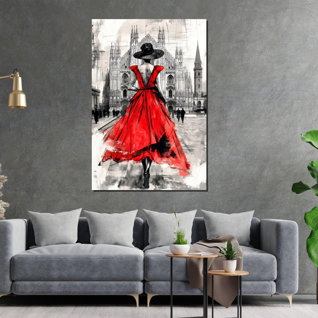 Elegant Red Dress, Urban Canvas, Fashion Art, Lady in Red Wall Art, Cityscape Poster, Wall Art Canvas Design, Ready To Hang Decoration