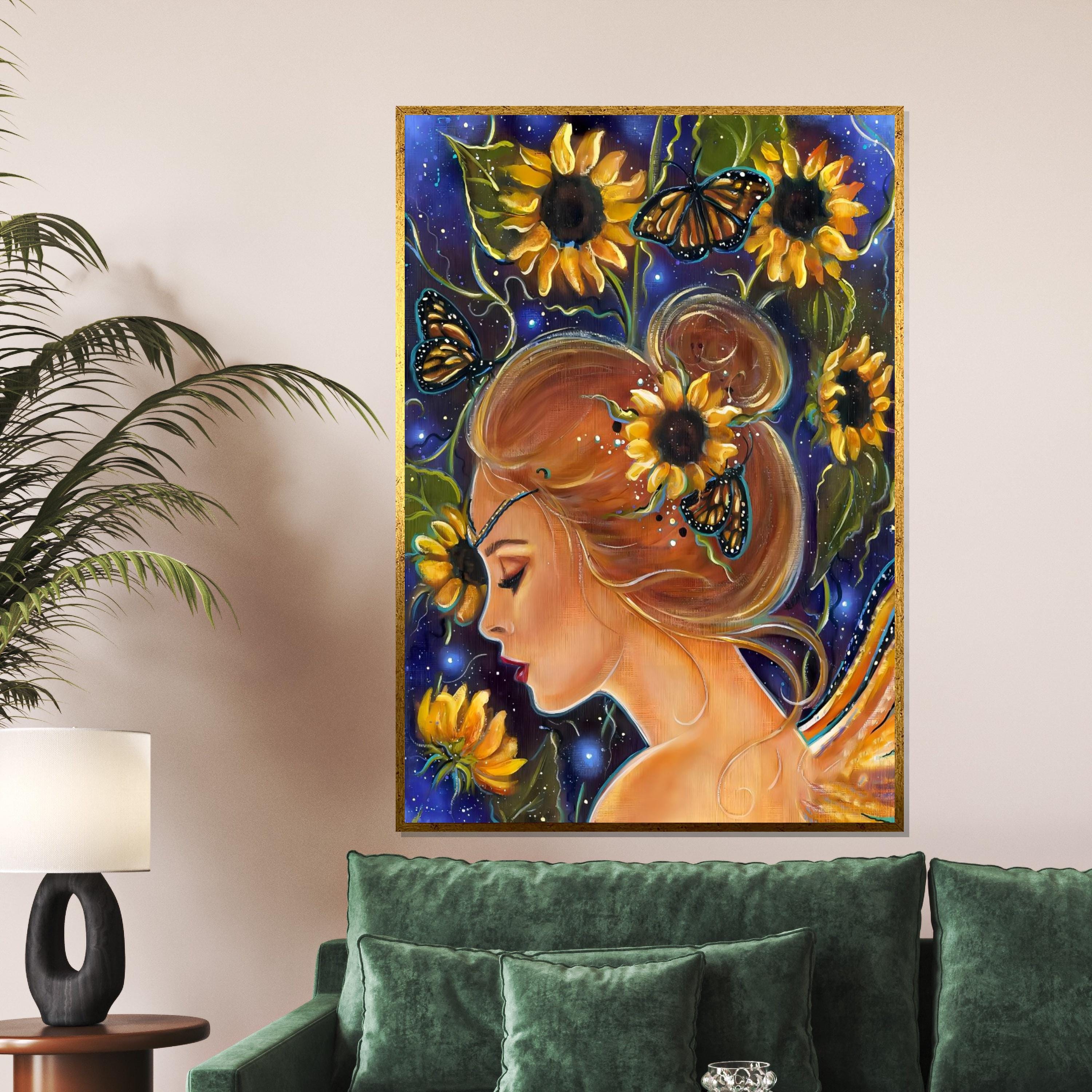 Sunflower Fairy Canvas, Butterfly Girl Wall Art, Whimsical Nature Print, Wall Art Canvas Design, Ready to Hang Decoration