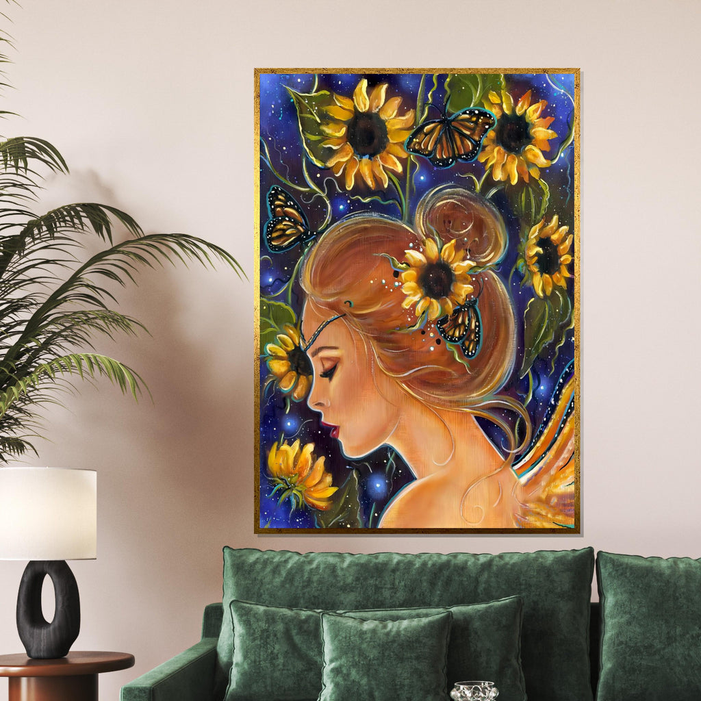Sunflower Fairy Canvas, Butterfly Girl Wall Art, Whimsical Nature Print, Wall Art Canvas Design, Ready to Hang Decoration