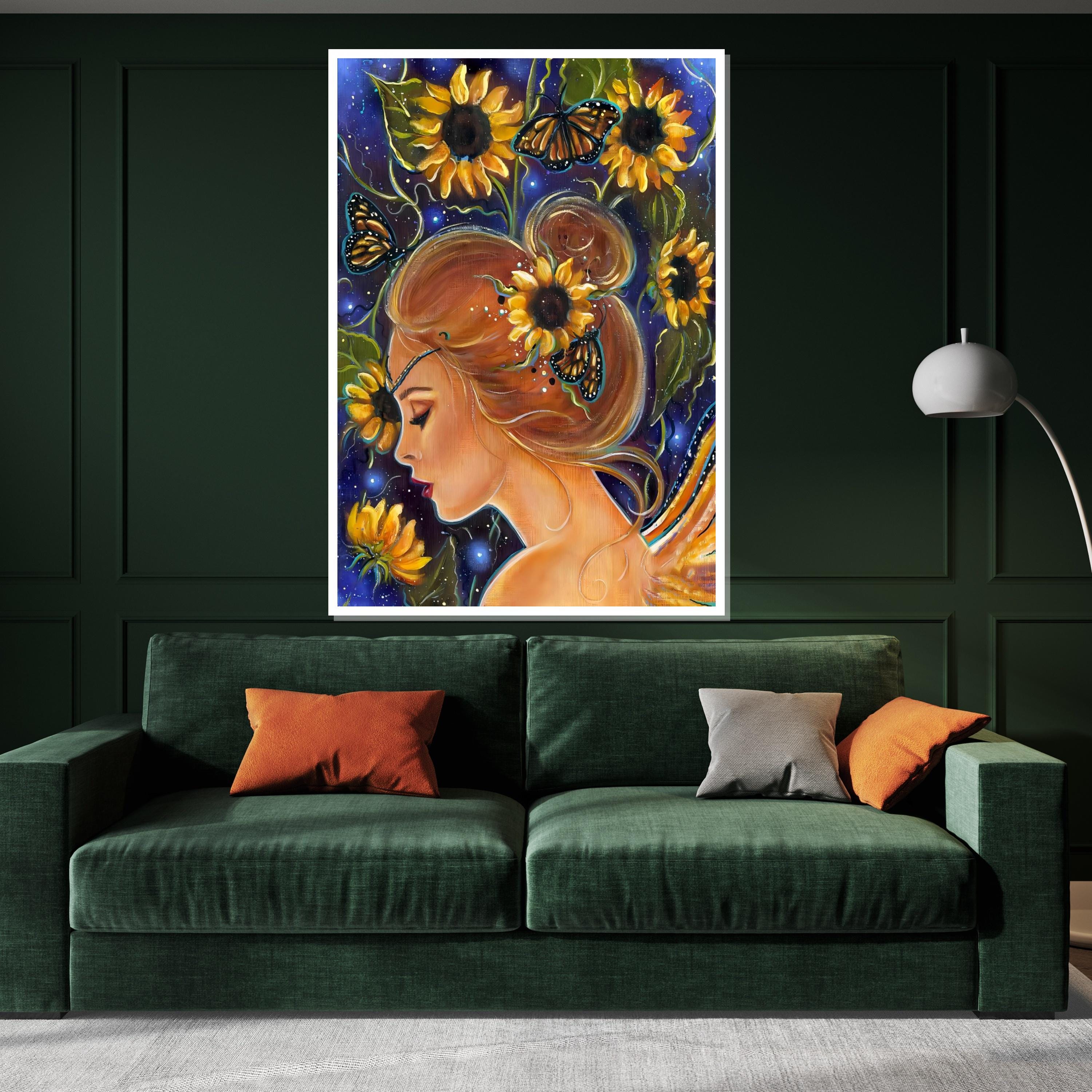 Sunflower Fairy Canvas, Butterfly Girl Wall Art, Whimsical Nature Print, Wall Art Canvas Design, Ready to Hang Decoration