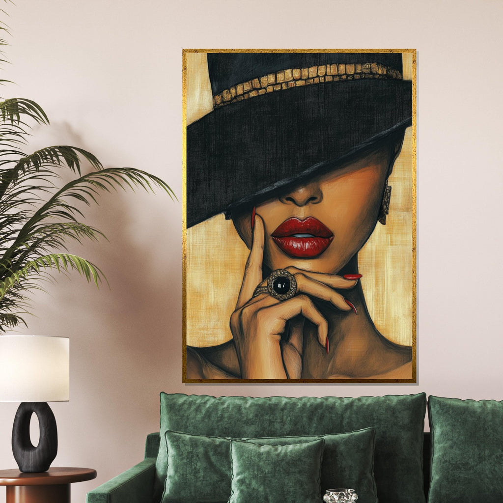Enigmatic Elegance Canvas, Woman with Red Lips Canvas, Glamour Wall Art, Fashion Poster, Wall Art Canvas Design, Ready to Hang Decoration