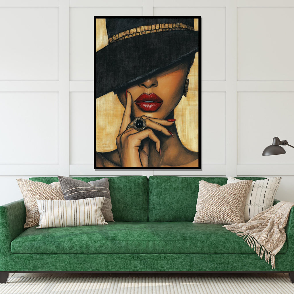 Enigmatic Elegance Canvas, Woman with Red Lips Canvas, Glamour Wall Art, Fashion Poster, Wall Art Canvas Design, Ready to Hang Decoration