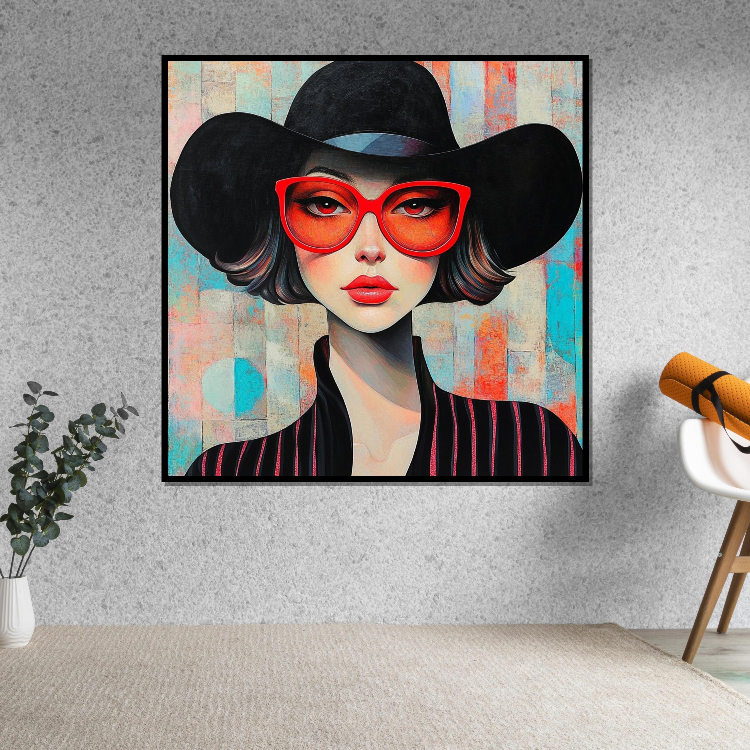 Chic Woman in Red Glasses, Modern Portrait, Fashion Wall Art, Glamorous Canvas Design, Ready to Hang Stylish Home Decor, Elegant Art Poster