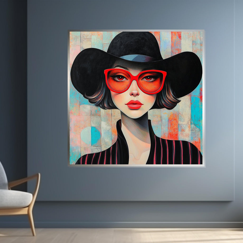 Chic Woman in Red Glasses, Modern Portrait, Fashion Wall Art, Glamorous Canvas Design, Ready to Hang Stylish Home Decor, Elegant Art Poster