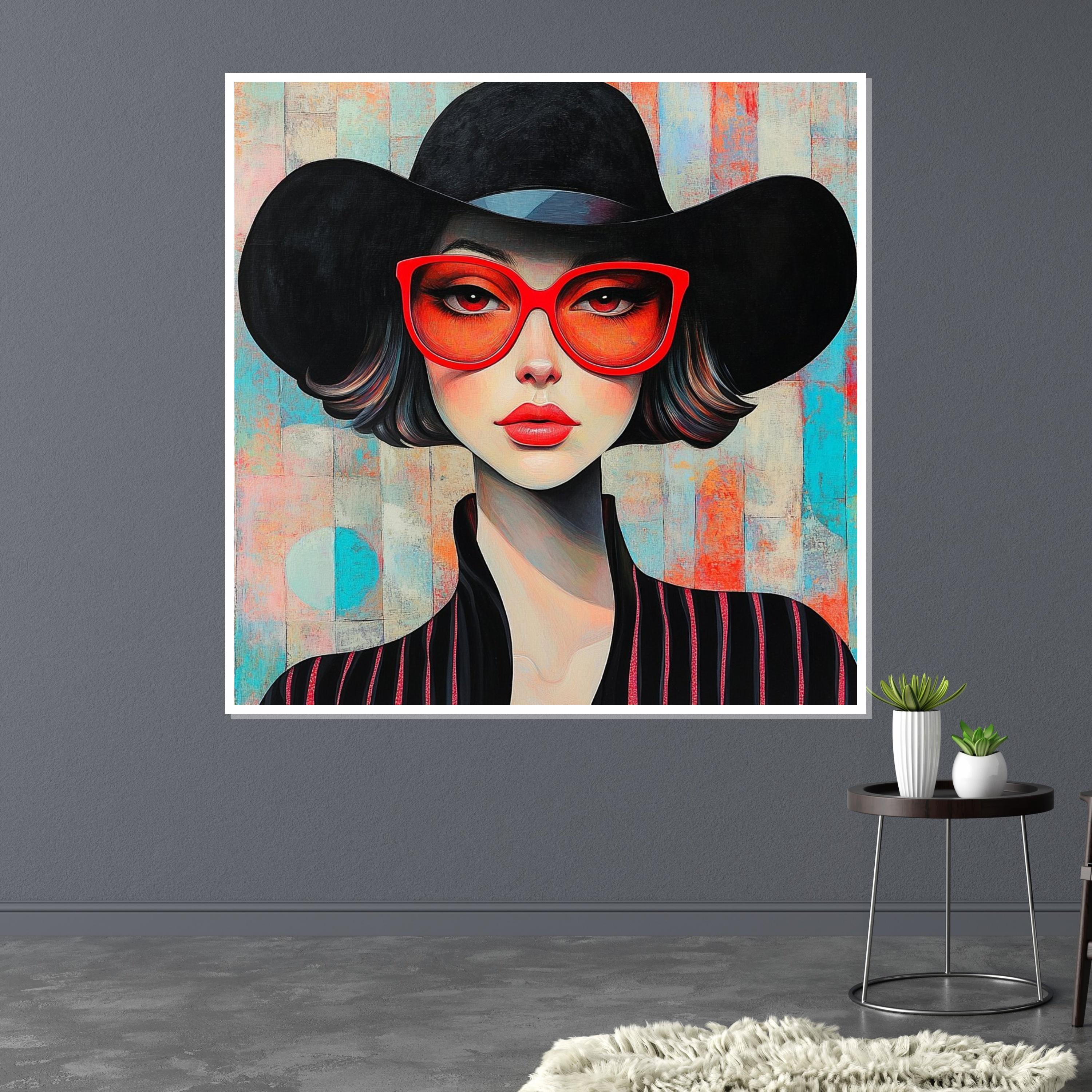Chic Woman in Red Glasses, Modern Portrait, Fashion Wall Art, Glamorous Canvas Design, Ready to Hang Stylish Home Decor, Elegant Art Poster