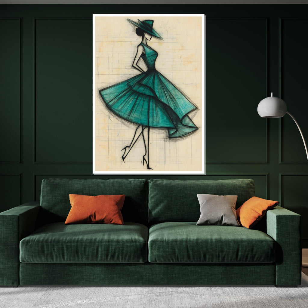 Elegant Fashion Sketch, Vintage Dress Art, Teal Dress Canvas, Chic Wall Art, Fashion Illustration Print, Wall Art Canvas Design, Ready to