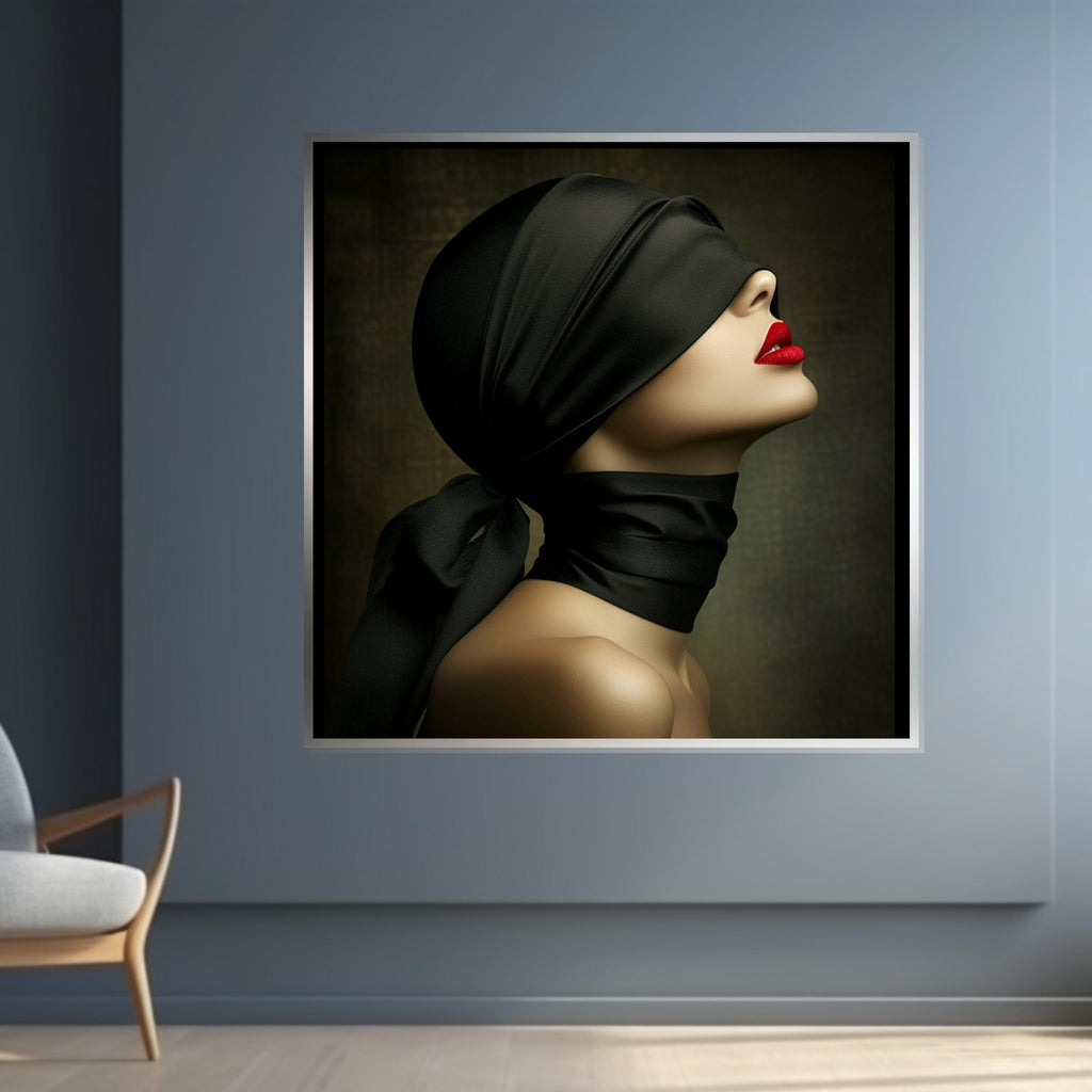 Blindfolded Elegance, Mysterious Woman Canvas, Red Lips Art, Wall Art Canvas Design, Fashion Wall Print, Ready to Hang Decoration